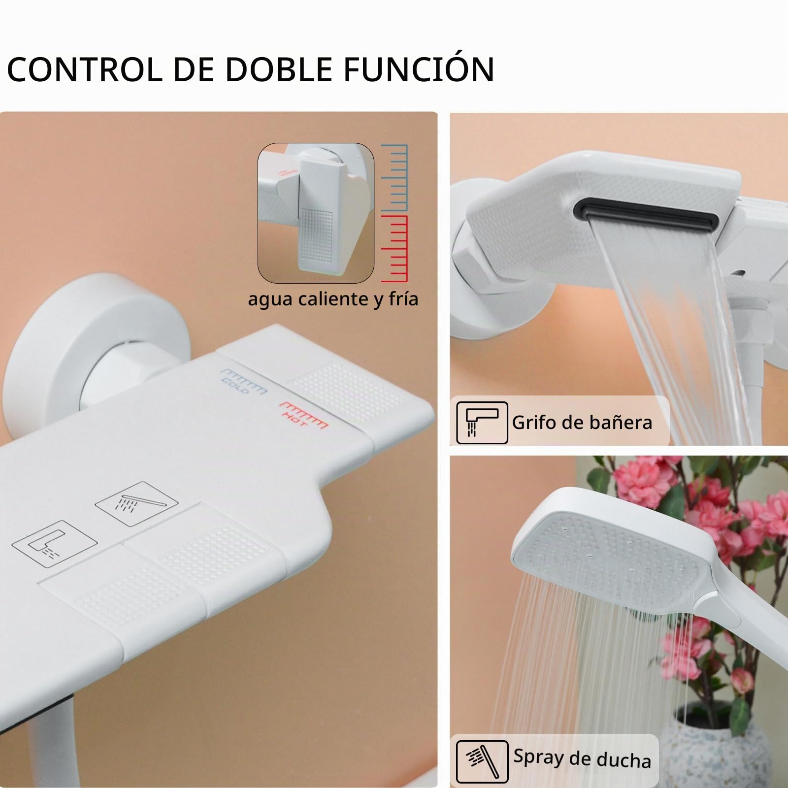 PHASAT Grifo de Bañera Cascada con Ducha de Mano, Grifo Mezclador de Bañera de Pared de Latón con Barra de Ducha Regulable, Mezclador Ducha Montado en La Pared Blanco PTBW16E