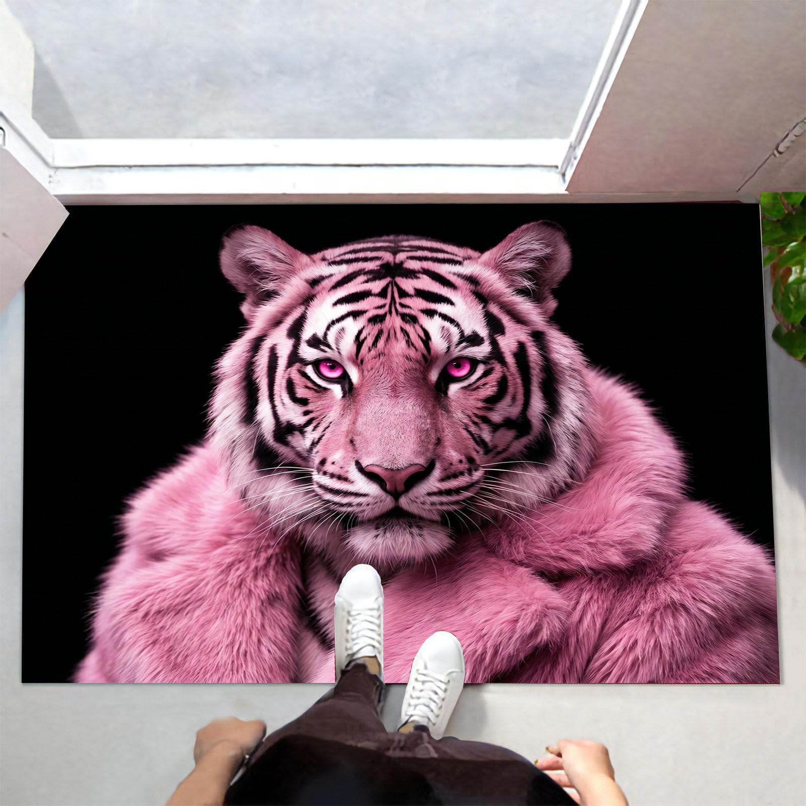 Zerbino Ingresso Interno Ritratto Di Tigre Rosa Alla Moda, Zerbino Di Benvenuto Lavabile Morbida Animali D'Avanguardia, Antiscivolo Tappeto Da Decorazioni Nero Per Casa Porta, 60X90Cm