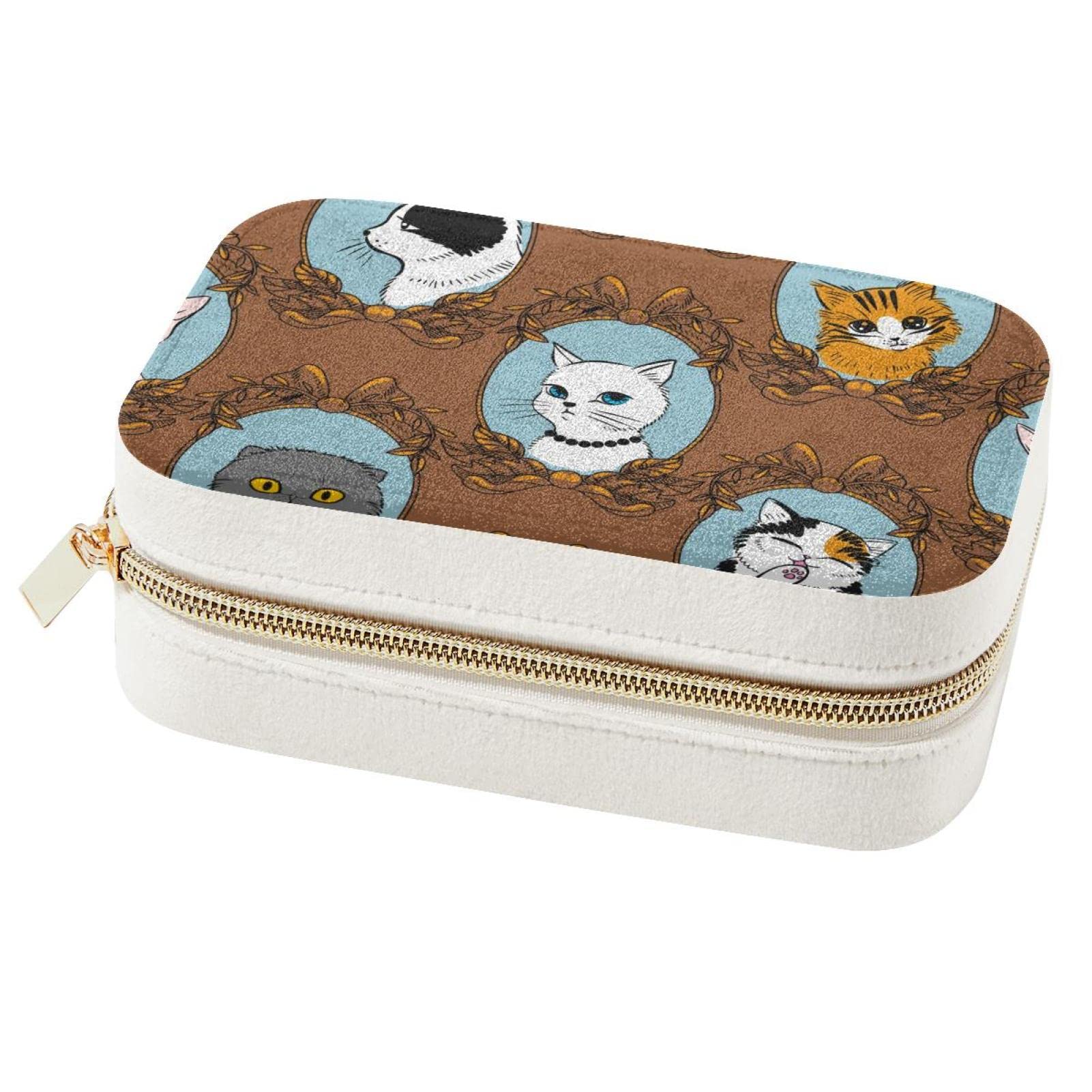 Boîte à bijoux de voyage chat rétro à double couche pour ranger bagues et colliers de filles