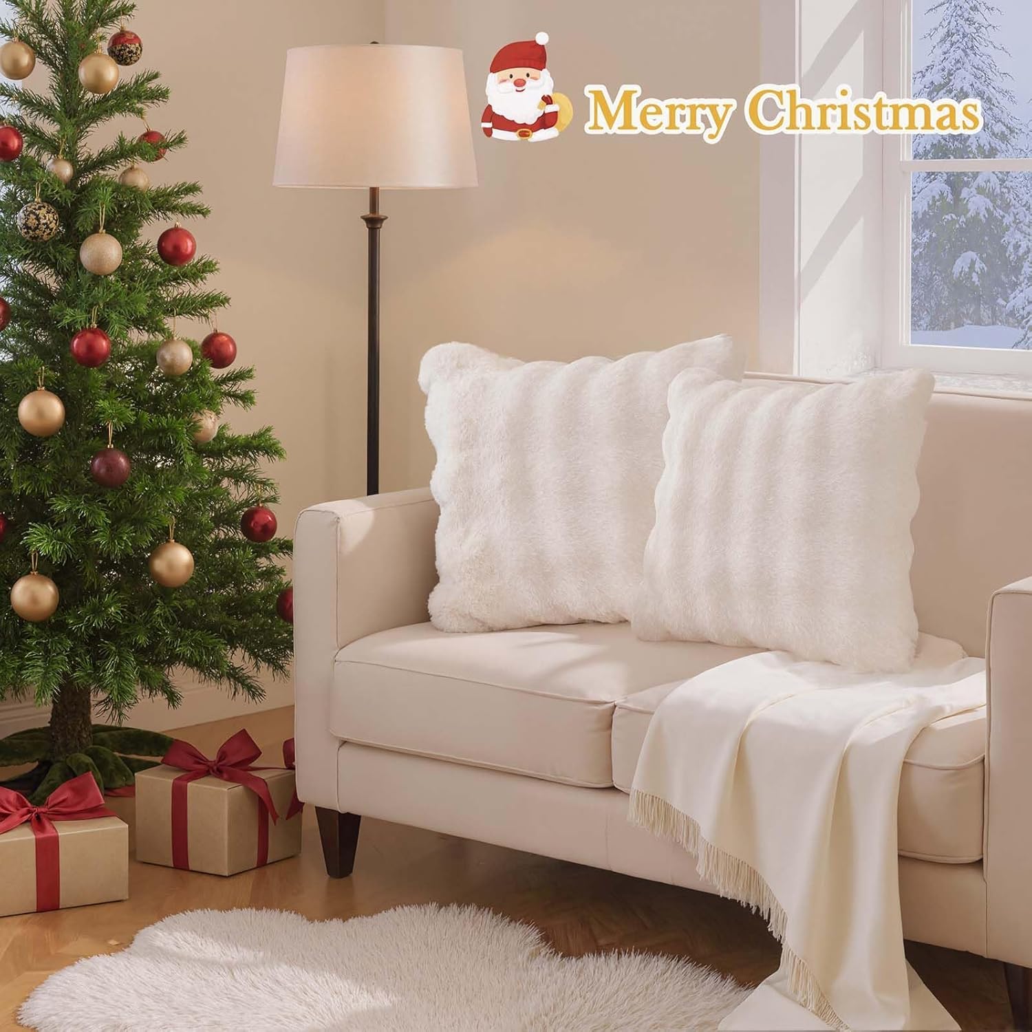 LiveGo Throw Pillowcase Decorative Throw Pillow Covers 18x18 Inch Set of 2,Soft Fuzzy Faux Rabbit Fur Cushion Covers with Raised Texture Home Decor for Couch Bed Living Room (2, White)