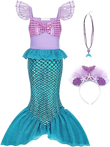 HenzWorld Disfraz de sirena de princesa para niñas, disfraz de fiesta de cumpleaños, juego de simulación, disfraz de Navidad, peluca, joyas