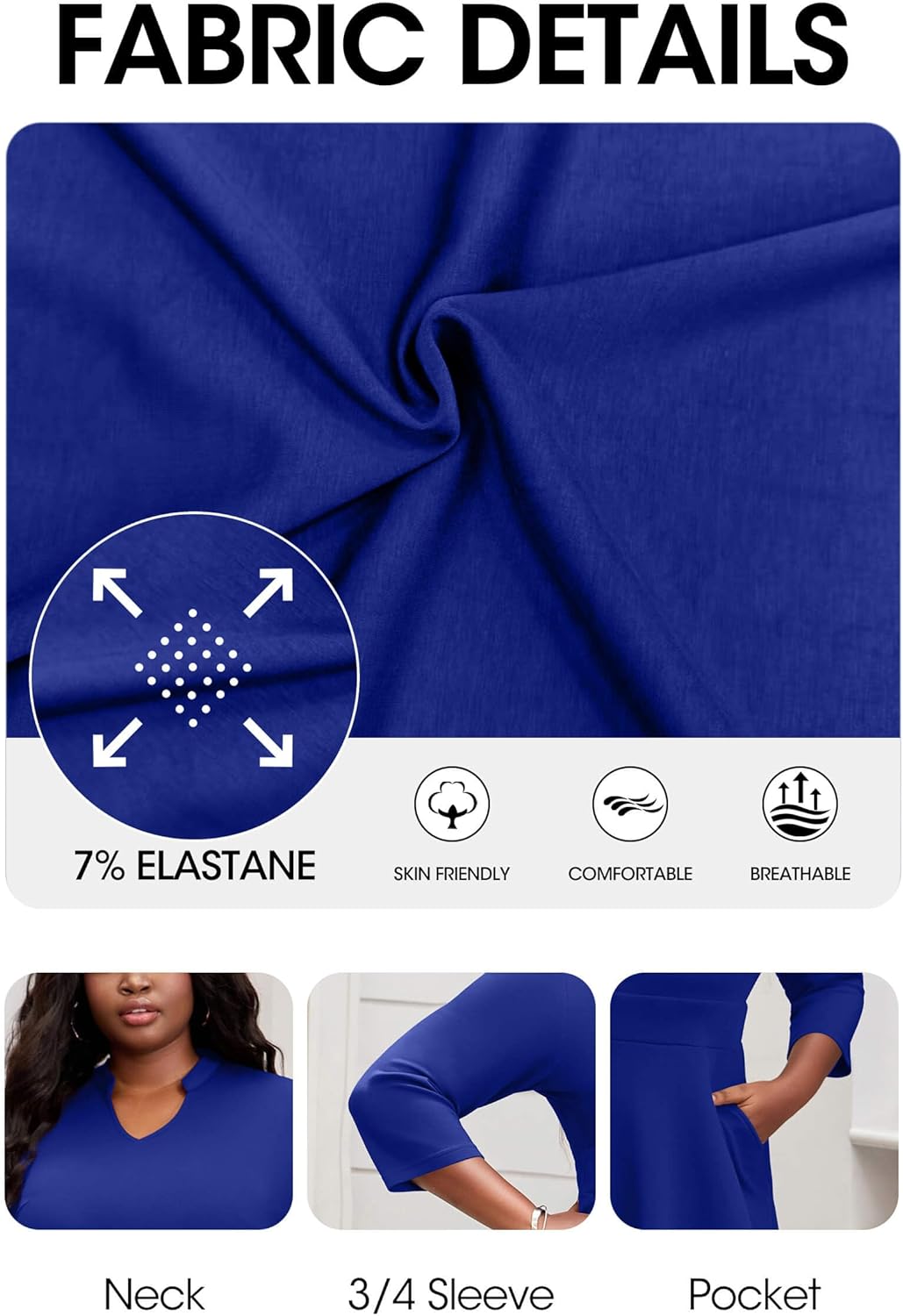 Nmoder Plus Size Dresses for Women - Casual 3/4 Sleeve V Neck Church Midi Dress Wedding Guest Cocktail with Pocket - Image 6