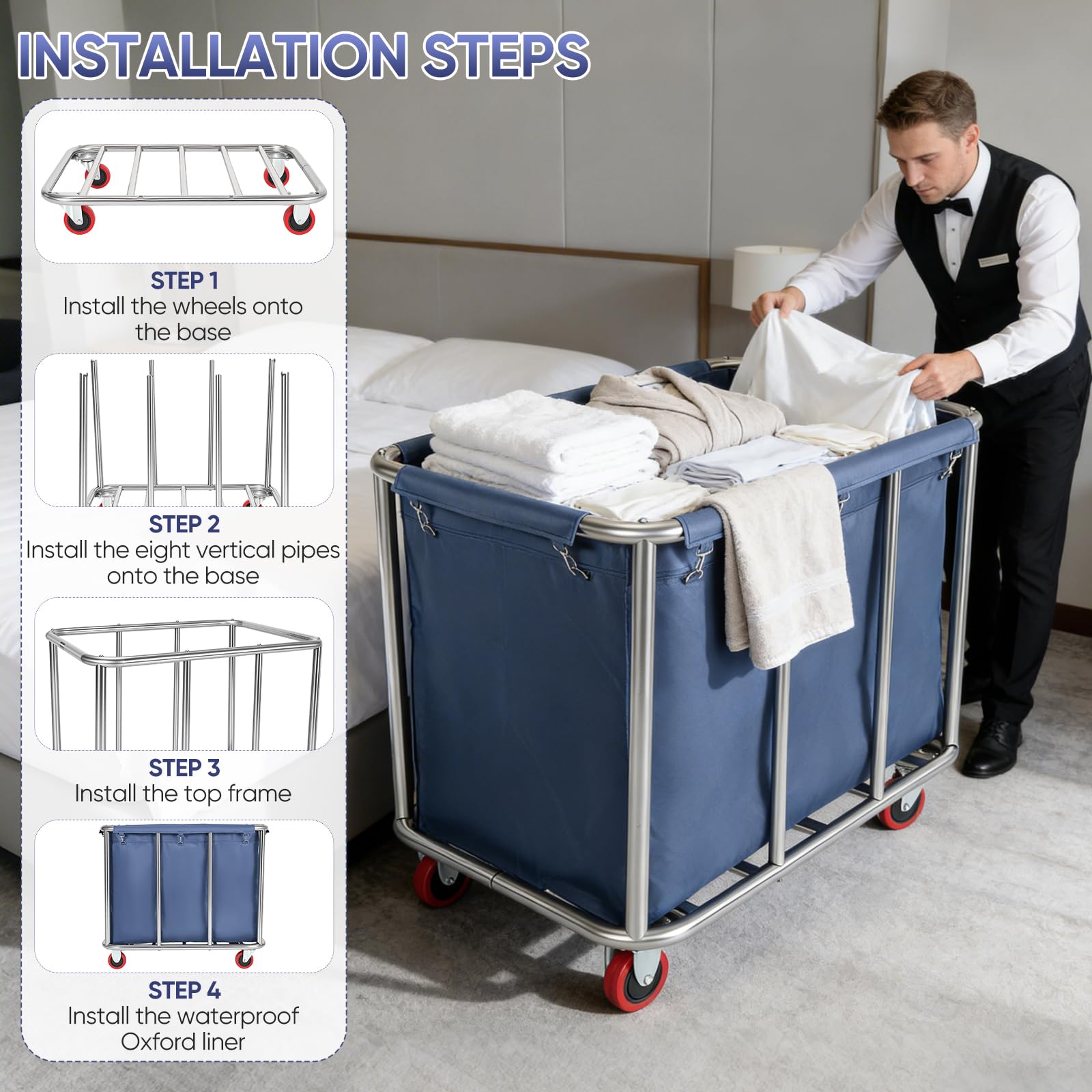 Carrello Per Biancheria, Cesto Portabiancheria Cesti Portabiancheria Commerciali In Acciaio Inox Con Ruote Commerciale Impermeabile Antiruggine Rimovibile Grandi Per Casa Hotel Lavanderia 90X65X81Cm