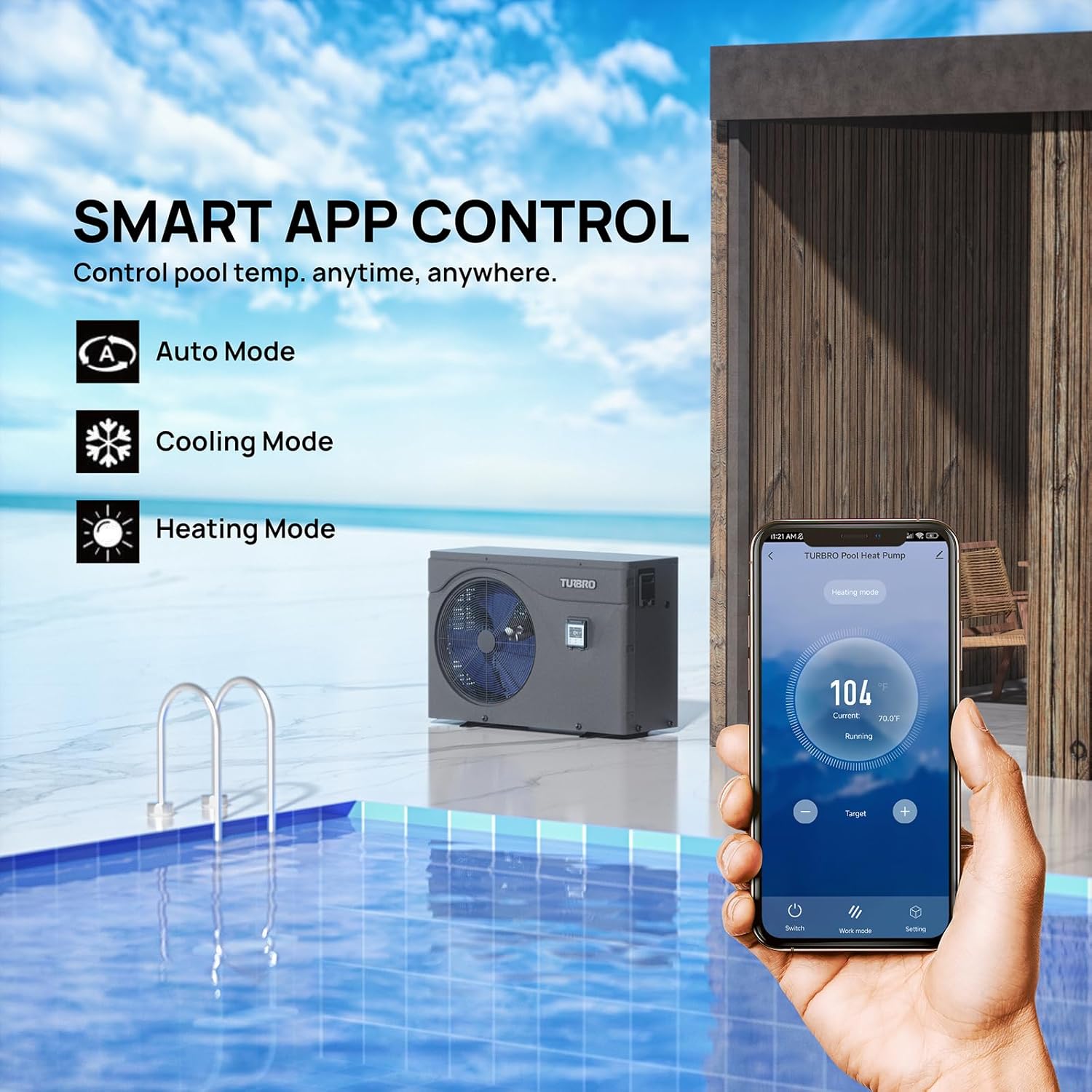 Image showing the TURBRO heat pump next to a pool with a hand holding a smartphone displaying the smart app control interface.