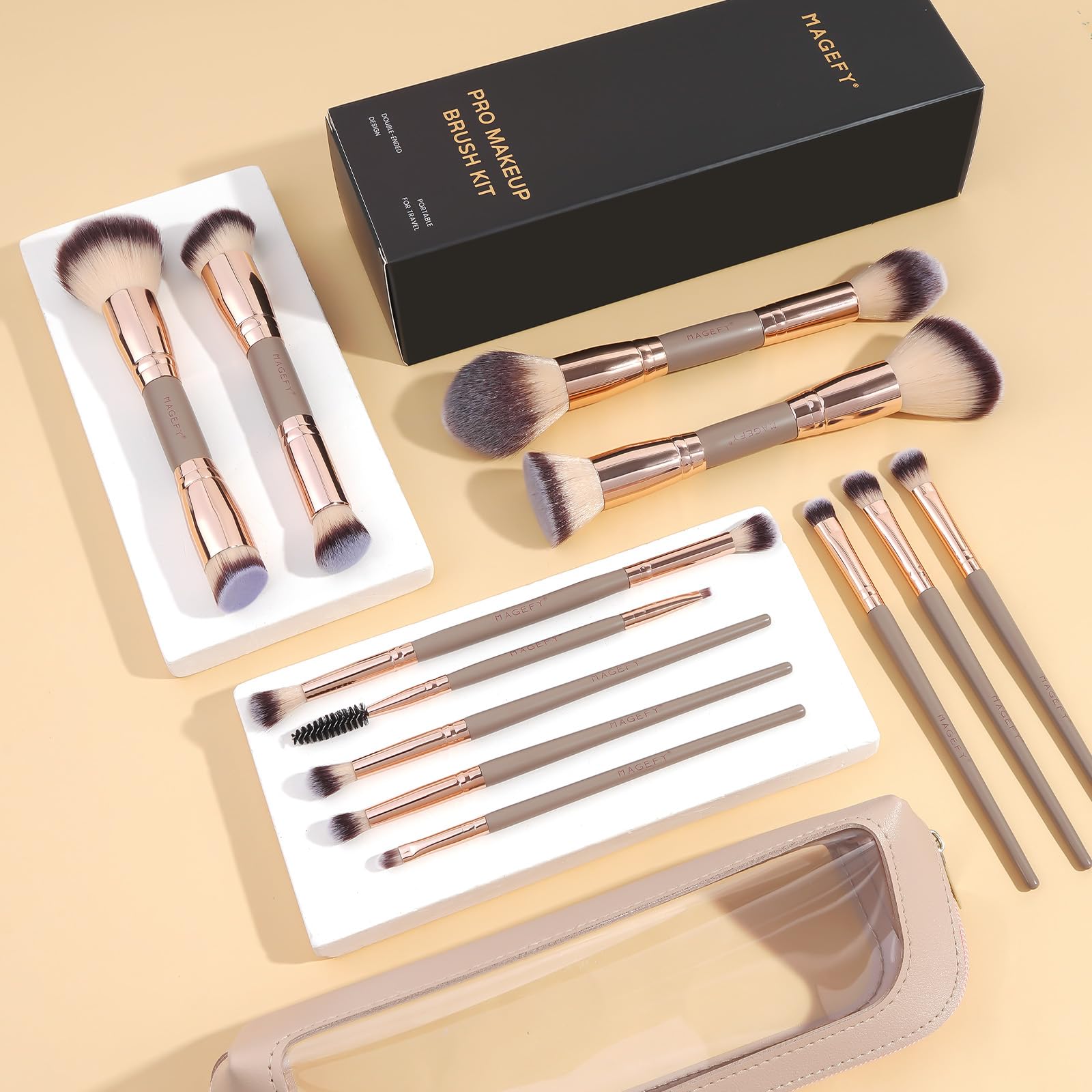 MAGEFY Makeup Brushes 12Pcs with Bag, Double-End Multi-functional for Foundation Powder Blush Eyeliner Eyeshadows brushes with Gift Box,Champagne