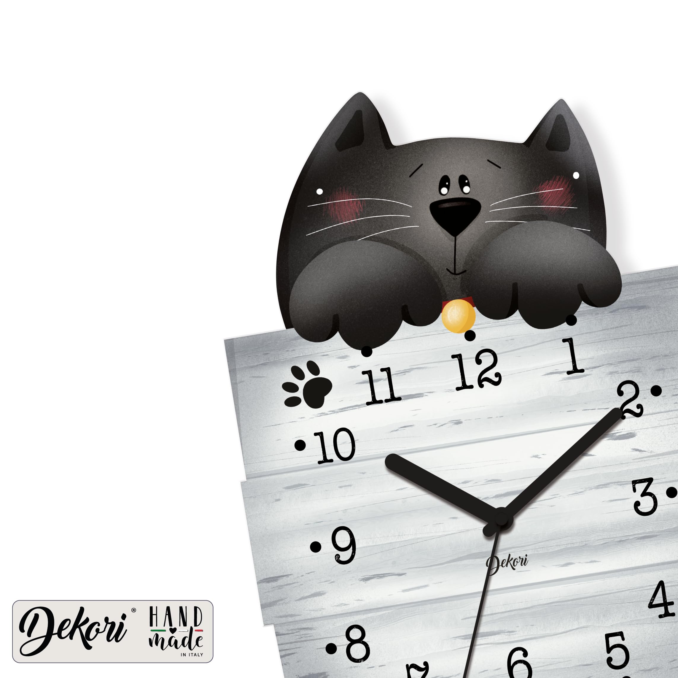 DEKORI Orologio da Parete con Pendolo – Design Gattino Nero, Silenzioso, Artigianale, in Legno per Cucina, Cameretta o Casa, 37x22 cm