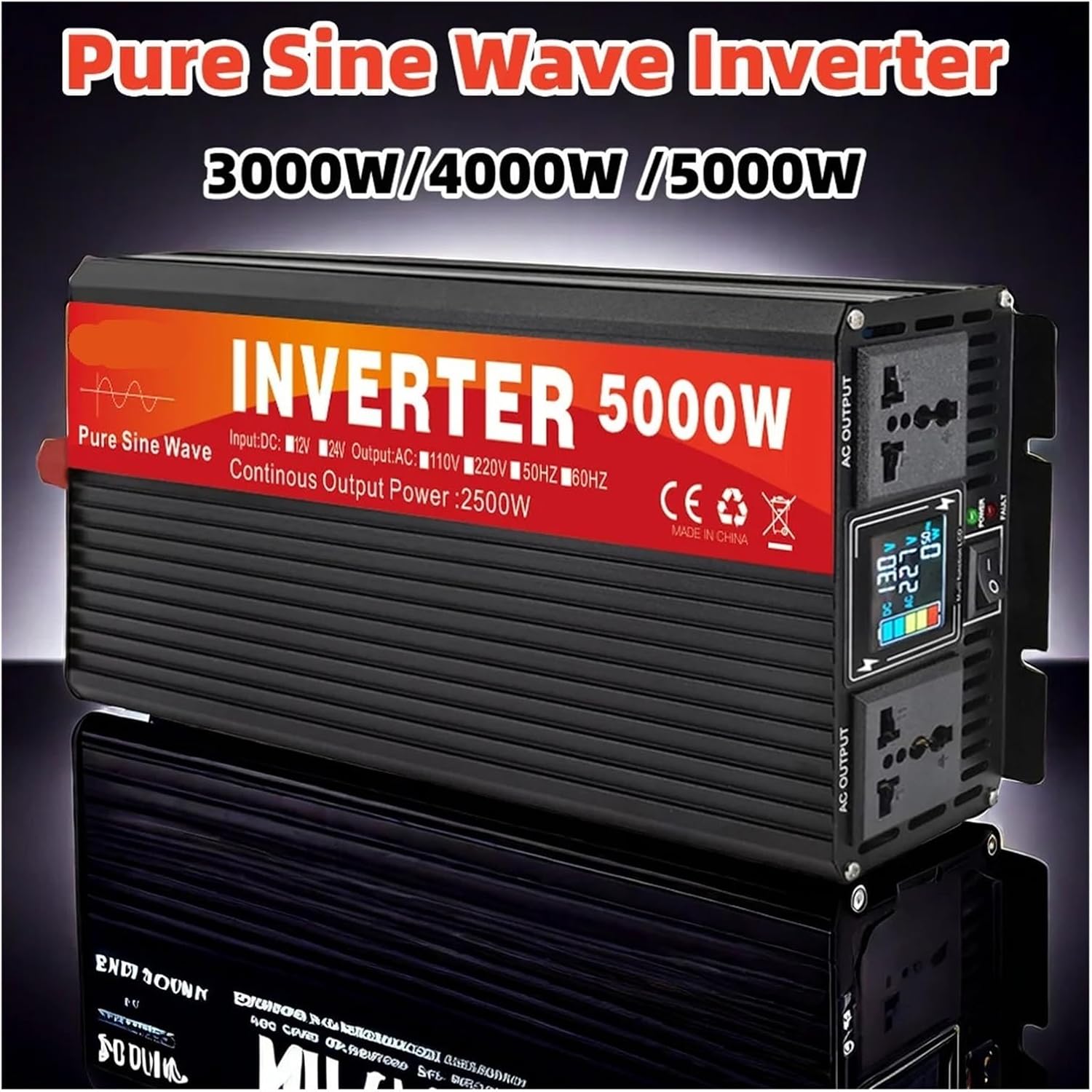Inverter 5000W 4000W 3000W Double Socket LCD Display DC 12V 24V to AC 220V 110V Voltage Converter Power Supply(Peak Power 5000W,12V_120V(50HZ))(Peak Power 4000w,48V-120V(50HZ))