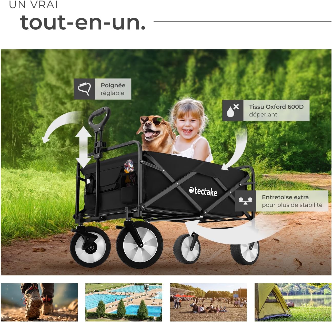 Images showing the cart with an adjustable handle, water-repellent fabric, extra brace for stability, and various usage scenarios like muddy shoes, poolside, festival, and camping.