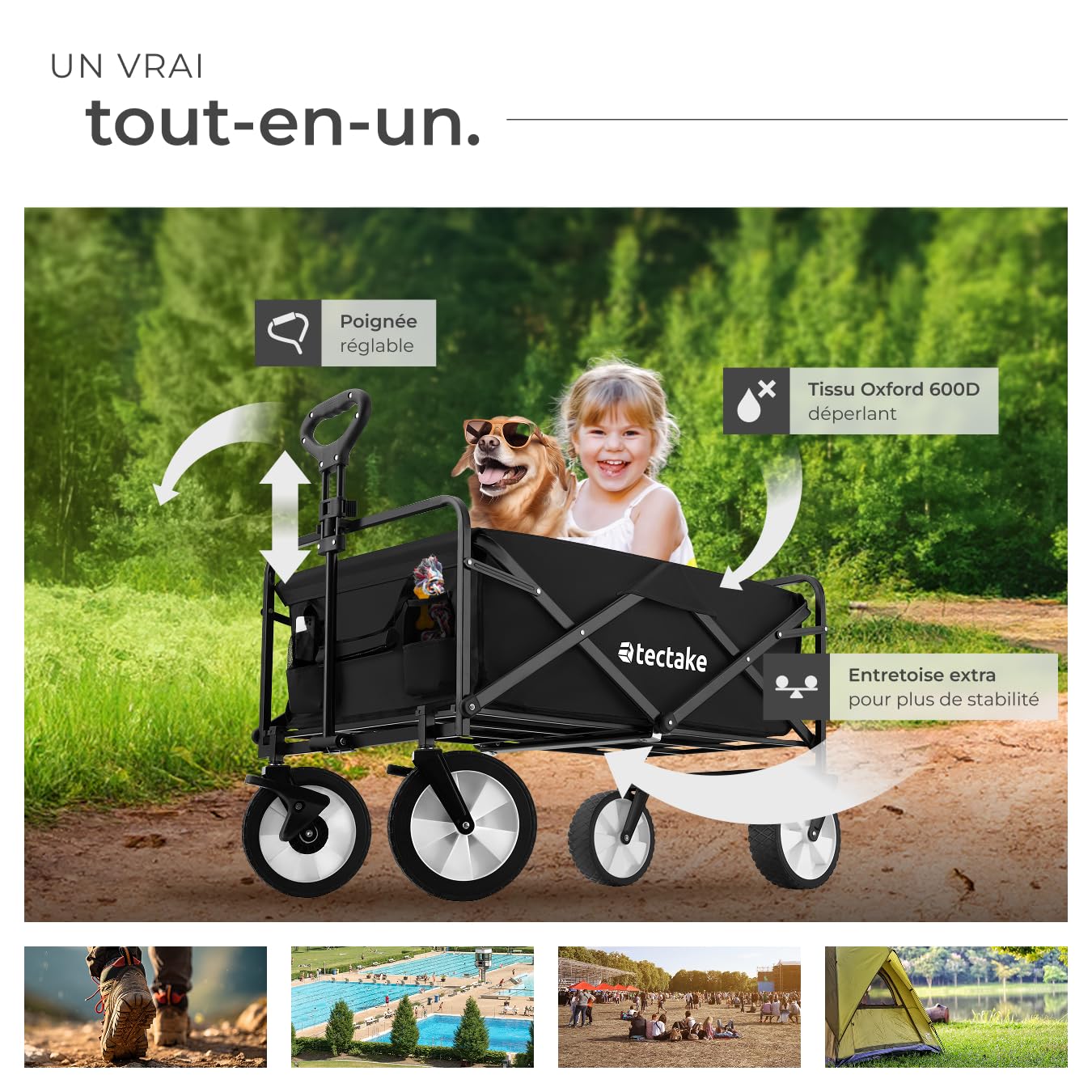 tectake® Chariot à roulettes Chariot de Transport Pliable pour Transport Enfant, Plage, Festival, Camping, Courses, Chariot de Jardinage, Promenade - Noir