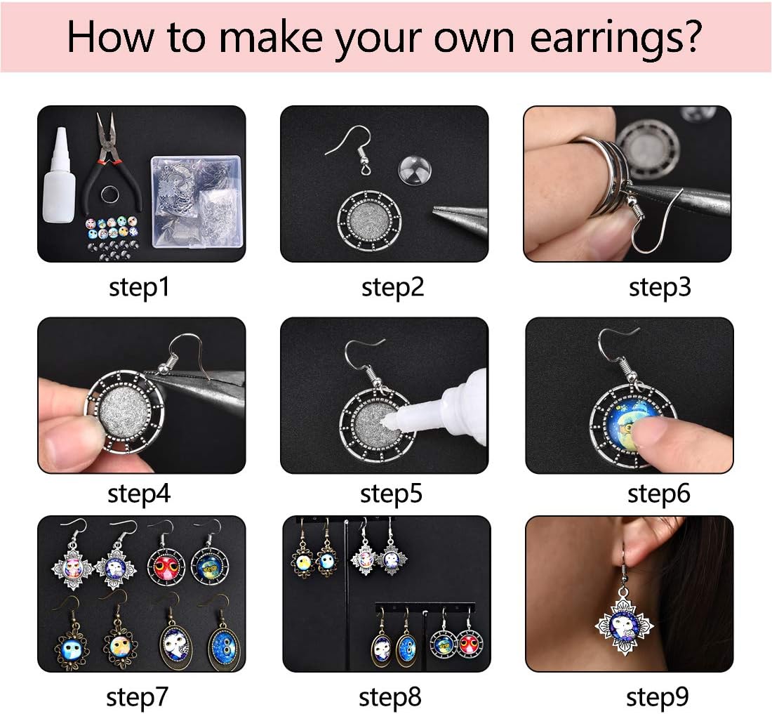 DROLE 220Pcs Bezel Earrings Blanks Cabochon Settings Kit-60Pcs Earring Blanks 60Pcs Cabochons for Jewelry Making and 100Pcs Earring Wire Hooks Antique Silver Total 220Pcs