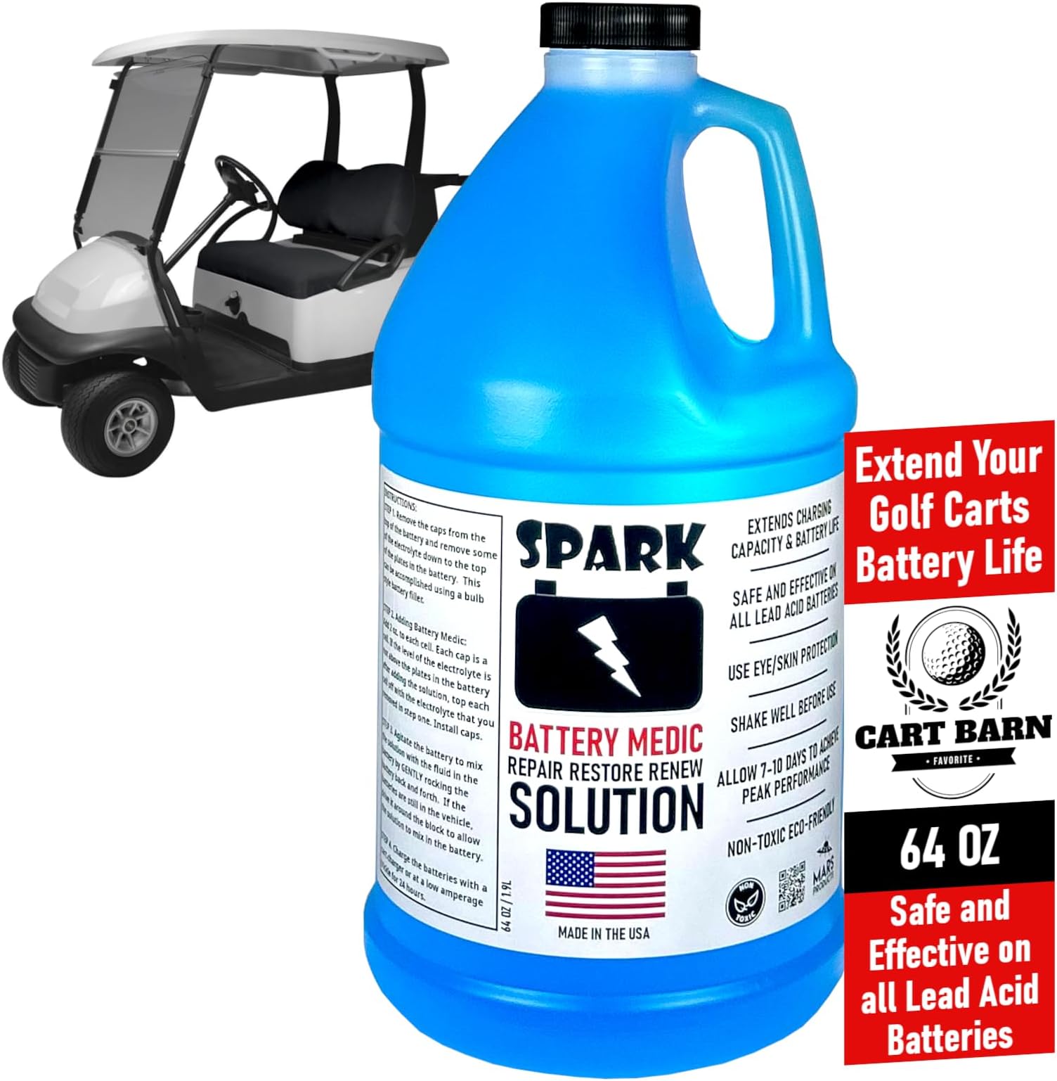 SPARK Golf Cart Battery Restore Liquid Solution - Restore - Repair - 6, 8, 12 Volt Lead Acid Batteries - Made in USA - Expands Charge Capacity - Extends Battery Life - Non-Toxic - Larger 64oz Bottle
