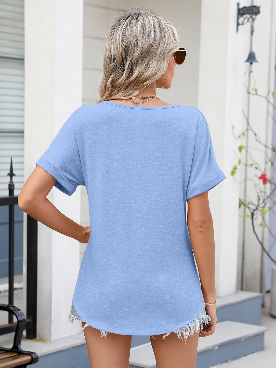 EADINVE Womens V Neck Rolled Sleeve T Shirts Curved Hem Short Sleeve Tops Summer Trendy Tees Loose Fit Tunic Shirts 2026 - Image 6