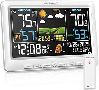 BluSon Weather Station Wireless Indoor Outdoor Thermometer, Color Display Digital Temperature Humidity Monitor with Atomic Clock, Weather Forecast, Adjustable Backlight, Home Weather Station, White