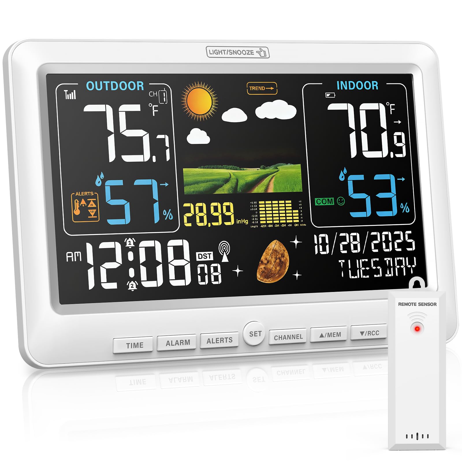 BluSon Weather Station Wireless Indoor Outdoor Thermometer, Color Display Digital Temperature Humidity Monitor with Atomic Clock, Weather Forecast,