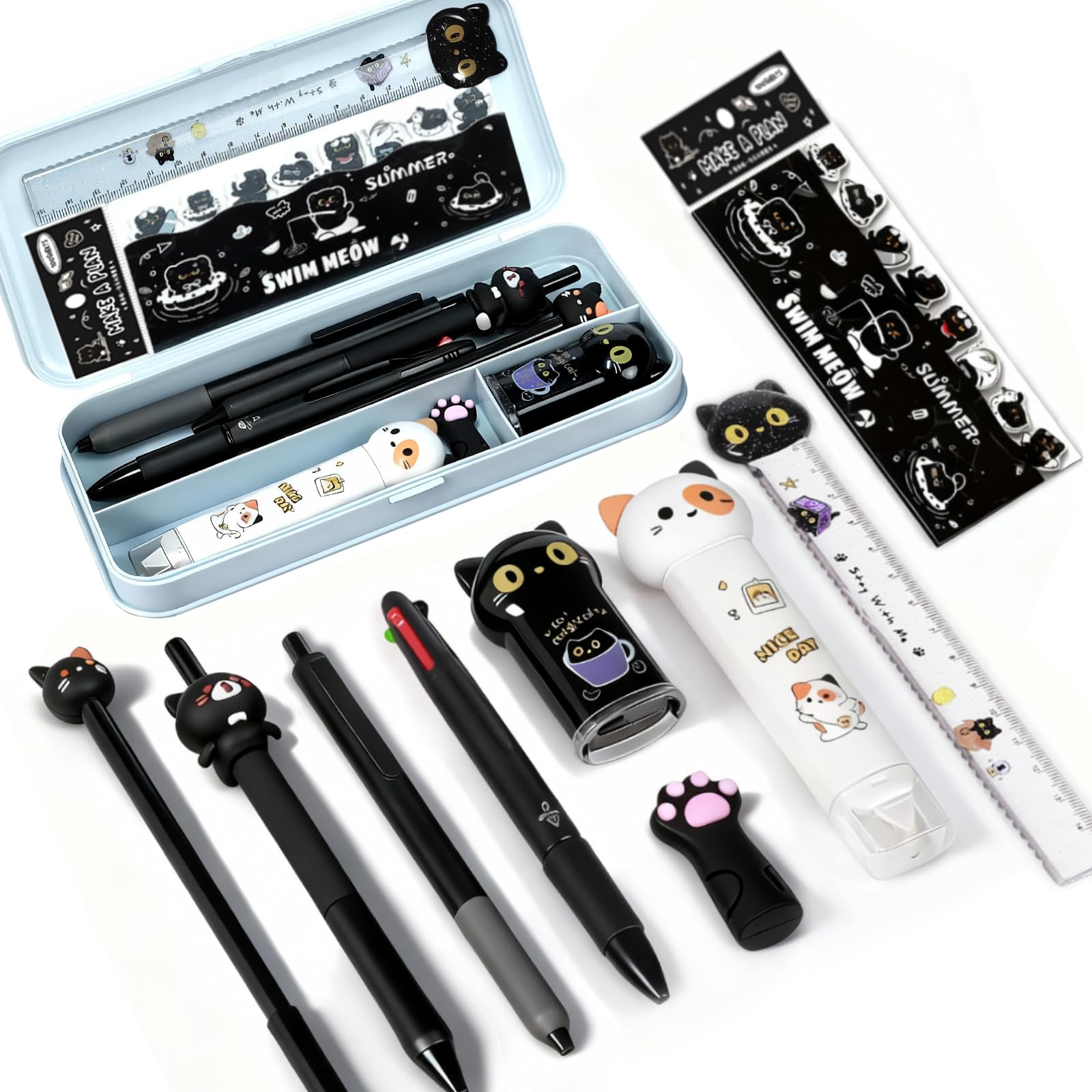 10Pcs Black Cute Cat Stationery Set Cat School Supplies Kawaii Japanese Stationery Birthday GIFS Including Pens Pencil Sharpener Highlighter Eraser