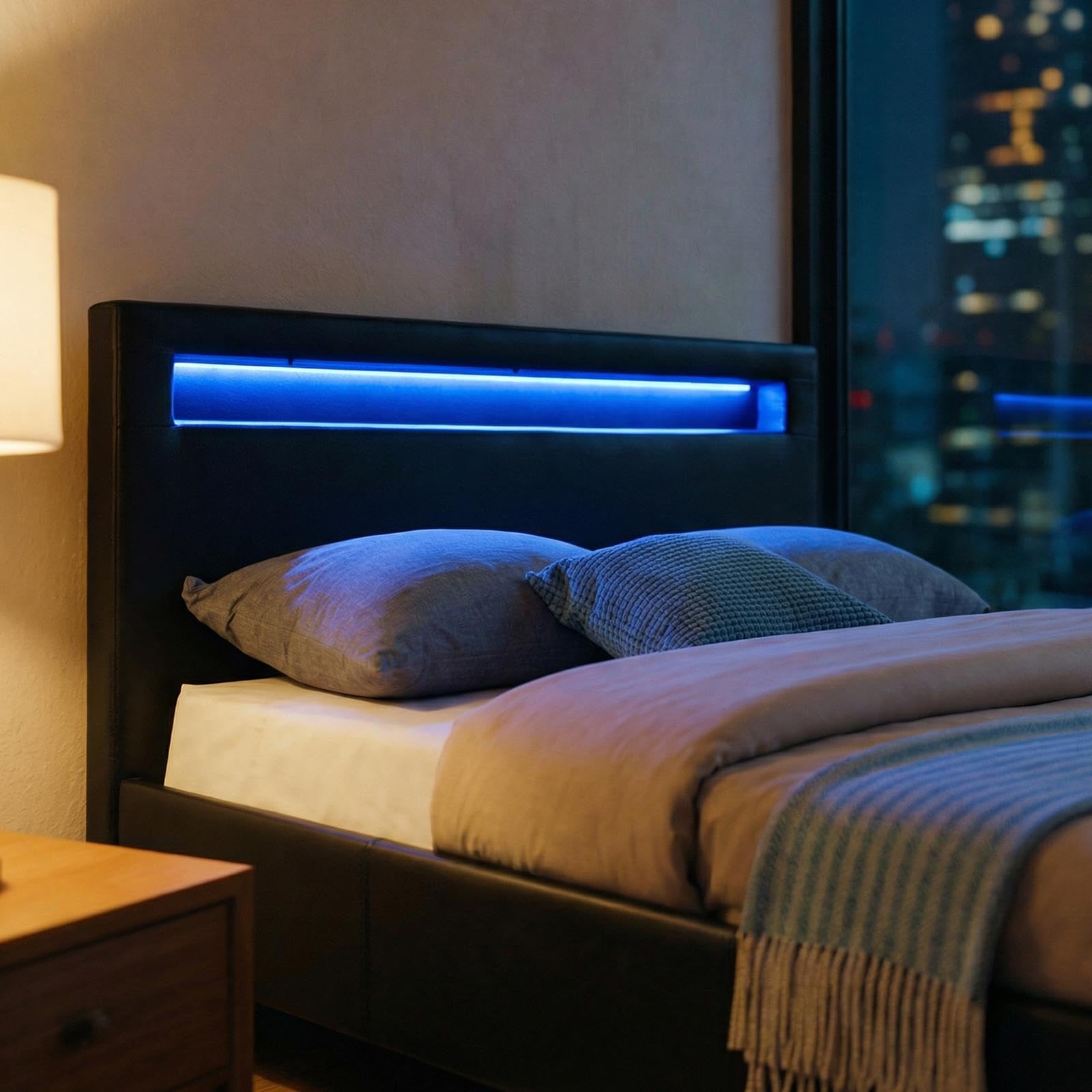 CARO-Möbel Polsterbett MIRASOL 120x200 cm, Schwarz - Einzelbett mit LED Beleuchtung im Kopfteil, inkl. Fernbedienung, Jugendbett aus Kunstleder mit Lattenrost