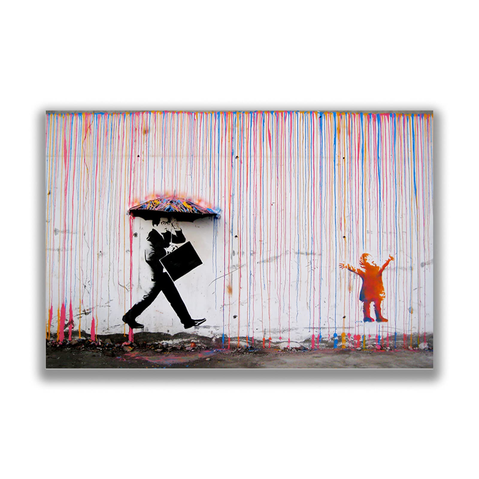 123 Life Banksy Child in the Rain Poster - Kid Playing in Colorful Rain Banksy Graffiti Canvas Wall Art Funny Street Art Picture for Living Room Bedroom Office Unframed 40Ã—30cm/16Ã—12inch