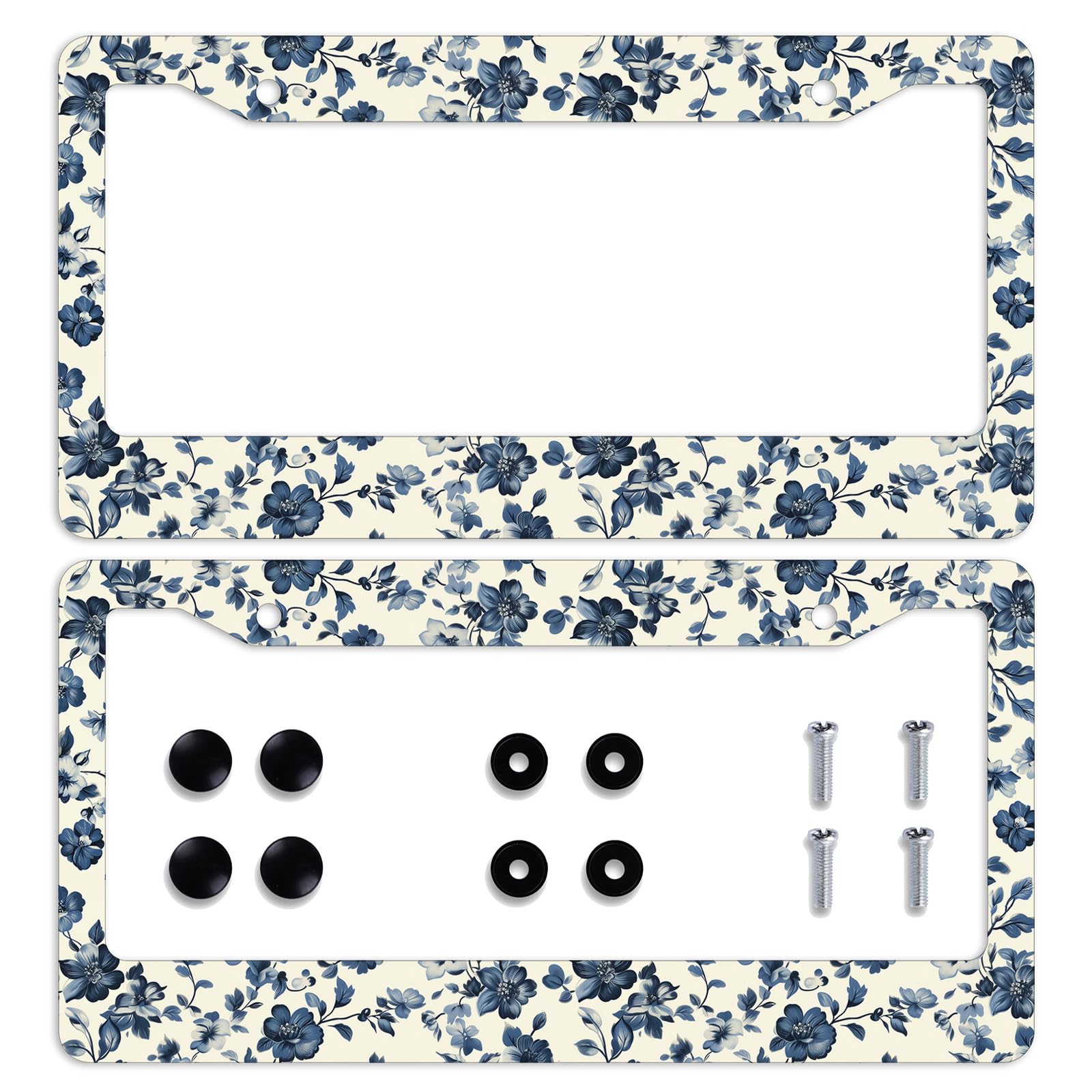 Photo 1 of 2 Pcs Vintage Floral License Plate Frame Blue Botanical Blossoms Personalise License Plate Frames Stainless Steel Metal Car Plates Tag Funny Decor Men Women 6 X 12 Inch 2 Holes