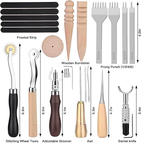 Miniatura 2 de 50 piezas de herramientas de trabajo de cuero y suministros con caja de herramientas de extremo punción de cuero biselador cuerdas de cera agujas