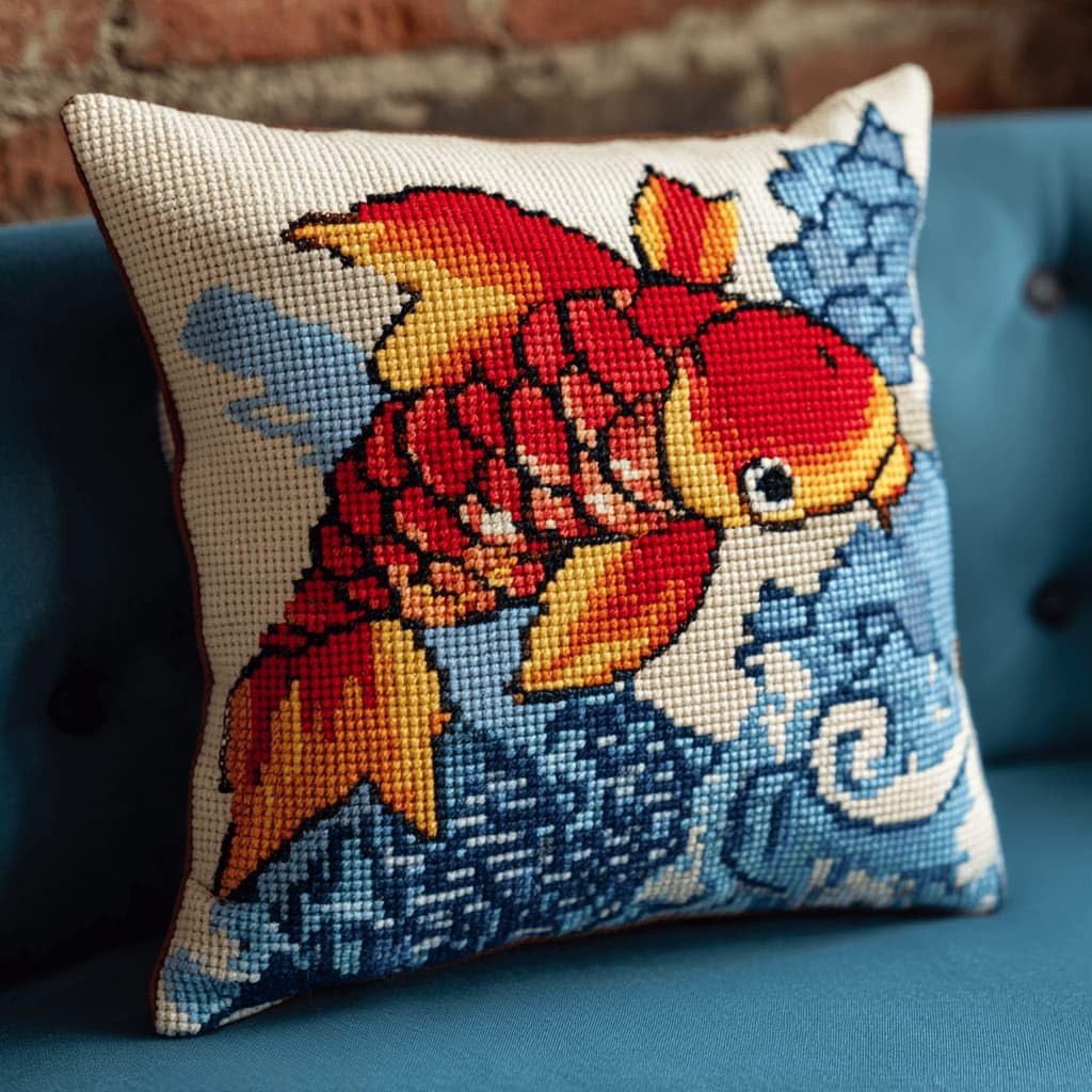AxiangziK Latch Hook Pillow Kit for Adults,Carp 17X17In Latch Hook Kit for Pillow Cover with Instruction for Beginner Cross Stitch Sofa Cushion Cover with Crochet Yarn for Beginners and Home Decor