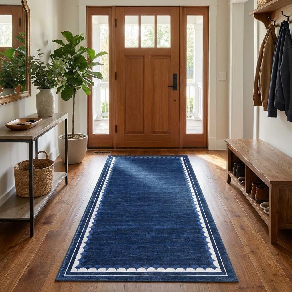 Washable Rug 2x6 Runner Rug Scalloped Border Kitchen Rugs Non Slip Rugs for Entryway Bedside Carpet Modern Stain Resistant Carpet Low Pile Floor Cover for Bathroom Laundry Room，Blue