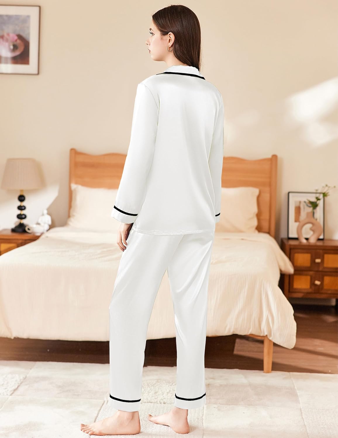 Ekouaer Satin Pajamas Set for Women Long Sleeve Pants Pj 2 Piece Lounge Set - Image 5