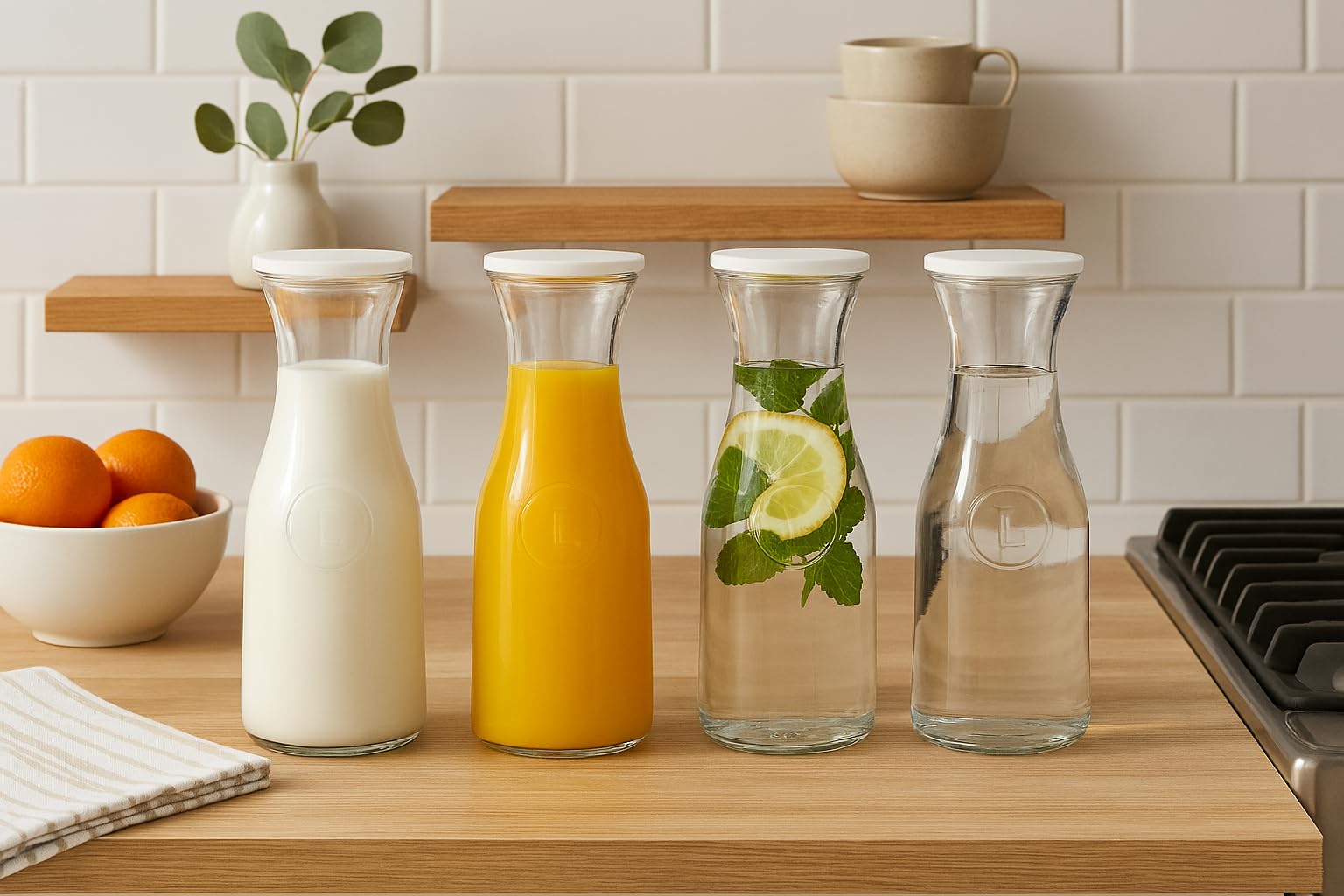 Gibson Home Windchill - Juego de 4 jarras grandes de vidrio con tapa, jarra de vidrio transparente de 2 litros, jarra de servir bebidas para bar mimosa, brunch, agua fría, jugo, leche, té helado