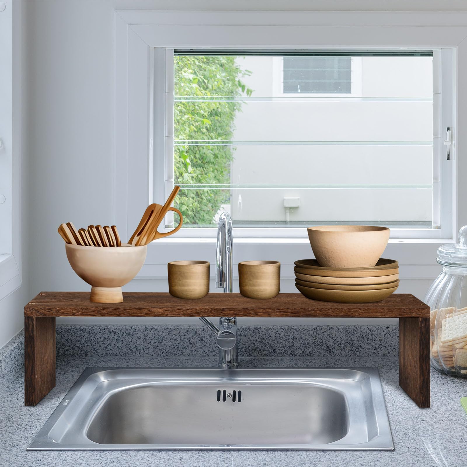 Menkxi Regal für Waschbecken, Badezimmer-Regal, Organizer über dem Wasserhahn, Holzsockel, Seifenständer, Bauernhaus, Badezimmer, Dekoration, über dem
