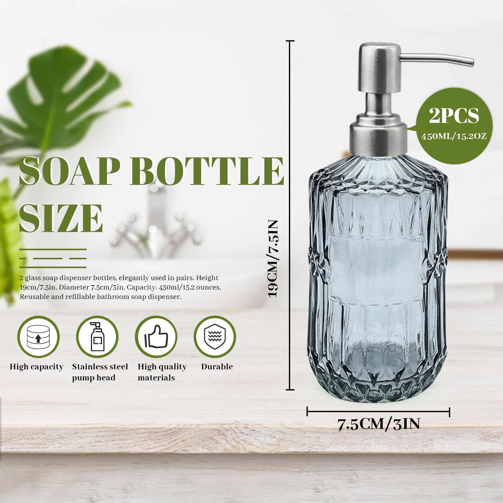 2 dispenser di sapone in vetro con pompa in acciaio inossidabile, 450 ml, vintage, ricaricabile, set per bagno, cucina, sapone per le mani, sapone per piatti, lozioni (grigio)