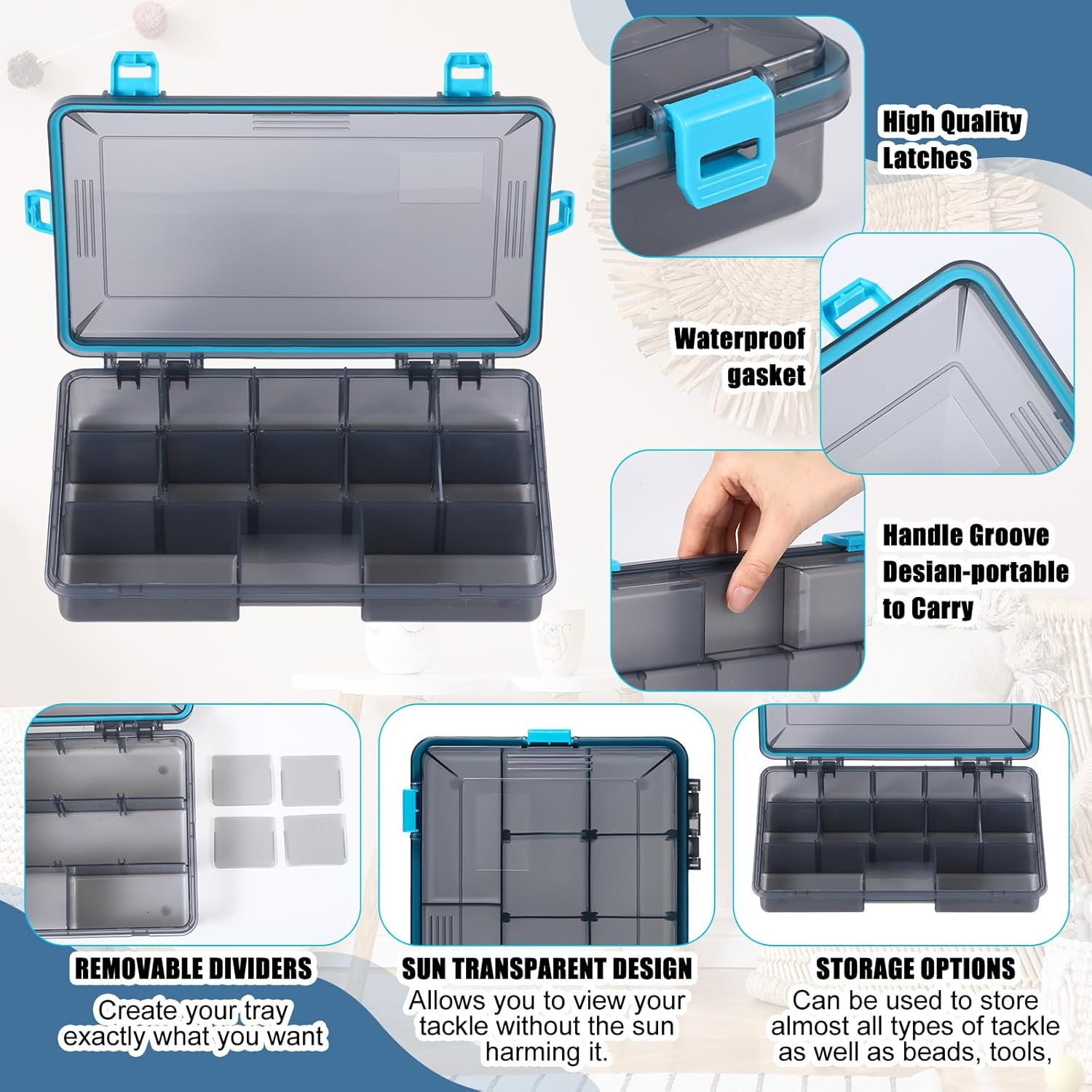 6 Pack Fishing Tackle Boxes Waterproof 3600 and 3700 Tackle Trays with Removable Dividers Plastic Lures Terminal Storage Organizer Box for Bait Vault (3600, Blue) - Image 3