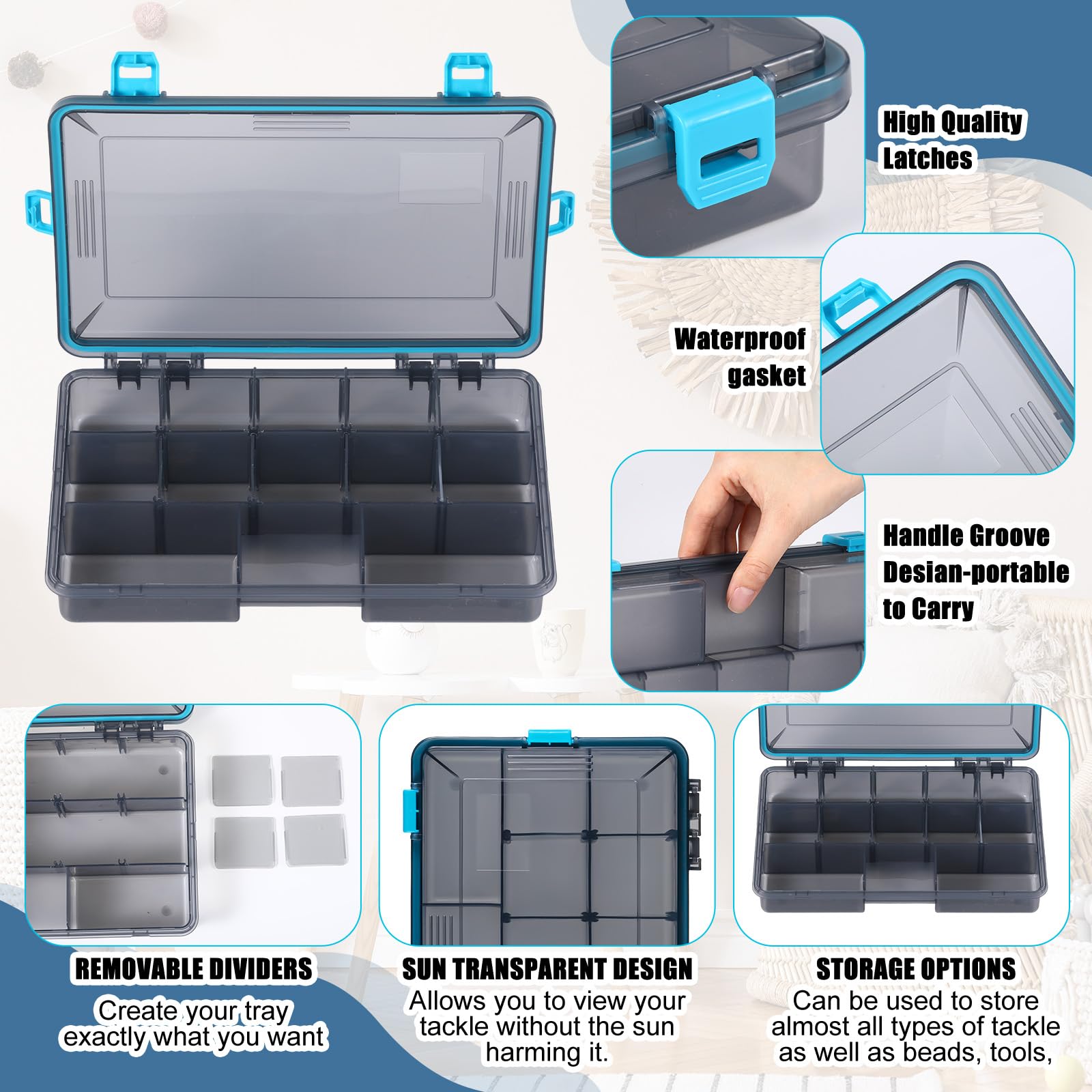 Wonderjune 6 Pack Fishing Tackle Boxes Waterproof 3600 and 3700 Tackle Trays with Removable Dividers Plastic Storage Organizer Bait Vault Camouflage Box for Freshwater Saltwater (Blue,3600) : Sports & Outdoors