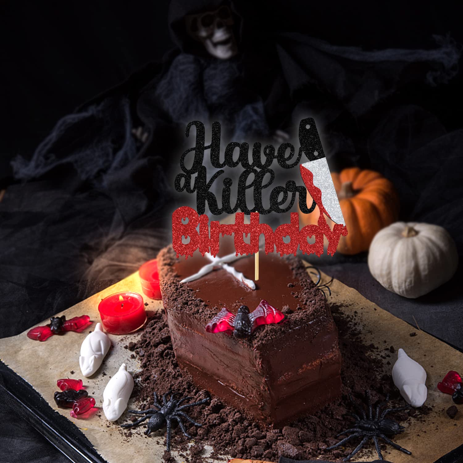 Geburtstagskuchen-Aufsatz „Have A Killer“ – Halloween & Horror-Party-Deko, Schwarzer Glitzer