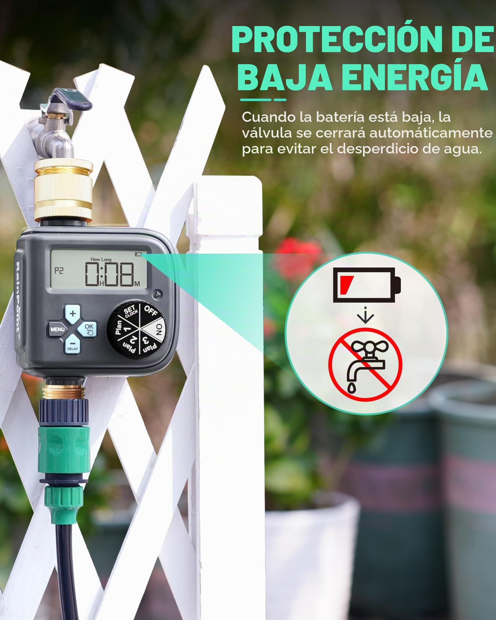 RAINPOINT Programador Riego Automatico con Entrada y Salida de Latón, Temporizador Riego con 3 Horarios, Programable por Semana/Intervalo de Horas y Días, Programador de Riego para Jardín, Césped