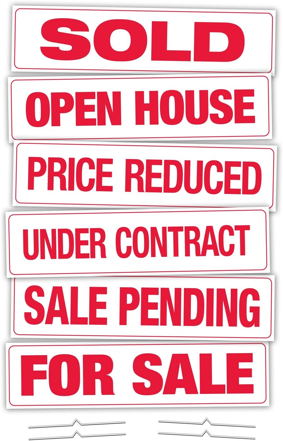 Corrugated Real Estate Sign Rider Kit, 6" x 24" Includes Sold, For Sale, Price Reduced, Open House, Under Contract, Sale Pending and 4-8" Individual D-Wire Sign Stakes (6 Pack - Set K-SR100)