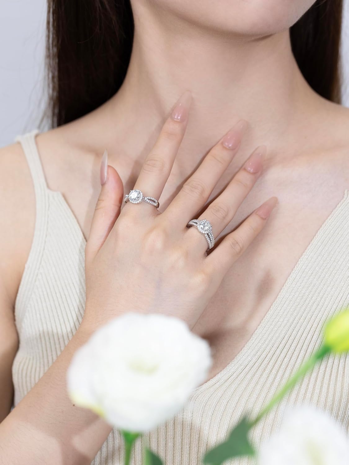 1-2ct Moissanite Engagement Ring for Women,3-Row Halo Setting 6.5-8mm Main Stone D Color VVS1 Simulated Diamond,Wedding Promise Anniversary Ring 925 Silver Jewelry Gift for Women, All Size