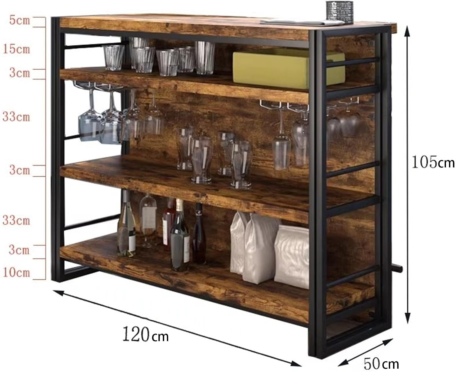 Storage Trolley Bar Cabinet with Wine Rack Stemware Holder Open Shelves & Island Desk Shelving Organizer
