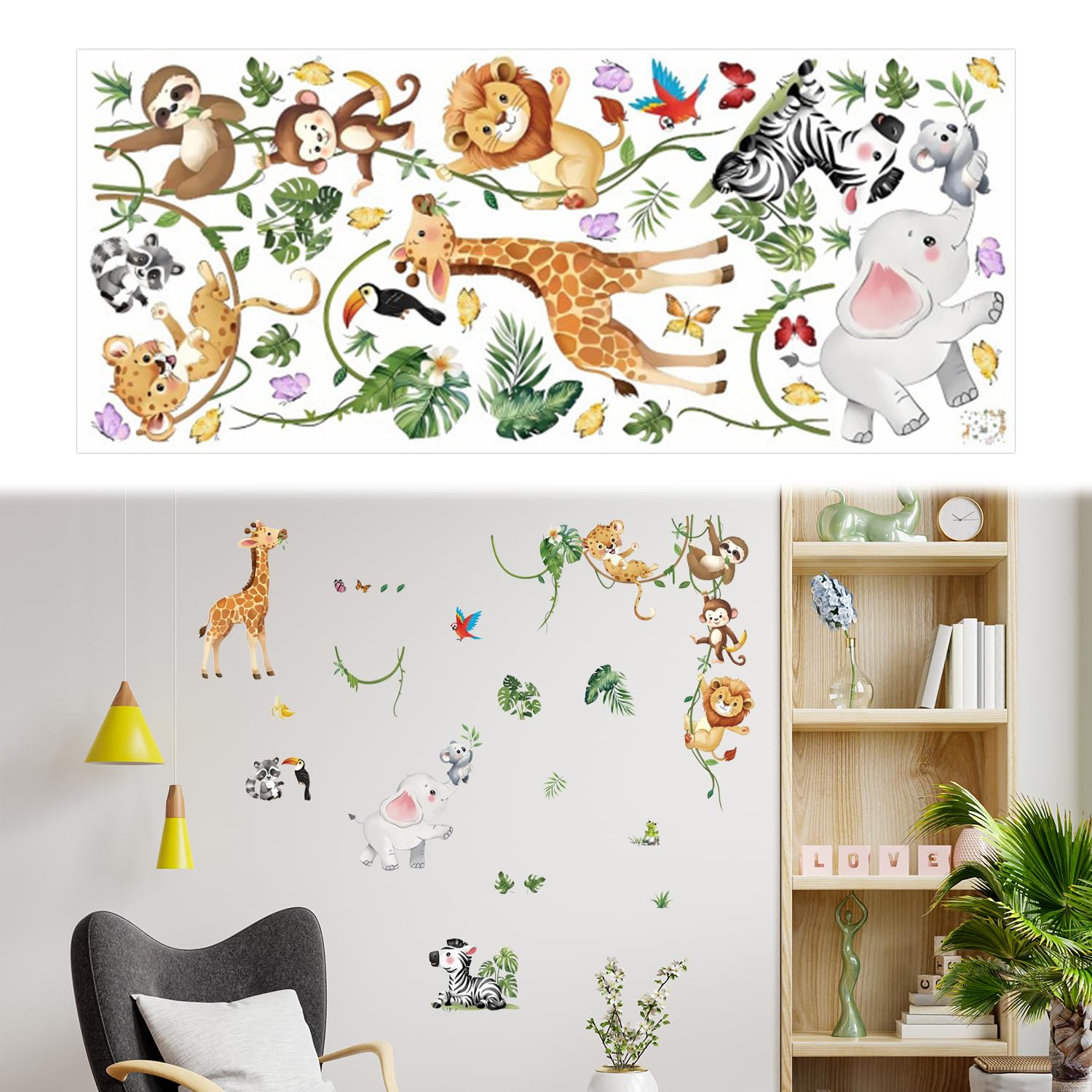 Safari Animals Wall Decals, Nursery Wall Stickers, Jungle Animals Wall Decals, Have Giraffe Elephant Lion, for Baby Nursery Kids Room Bedroom Living Room Wall Décor