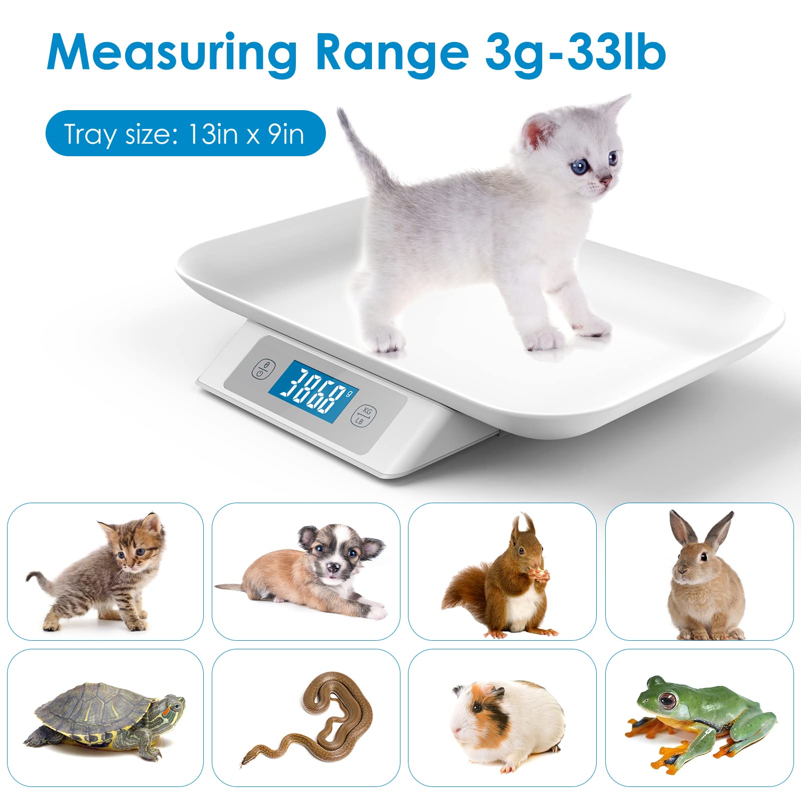 Digital Baby Scale for Pets, Accuracy 1g/0.035oz, Measuring Range 0.1oz-33lbs,Unit g/kg/lb/oz/tl/ml, Suitable for Kitten Puppy Rabbit Tortoise Snake Etc