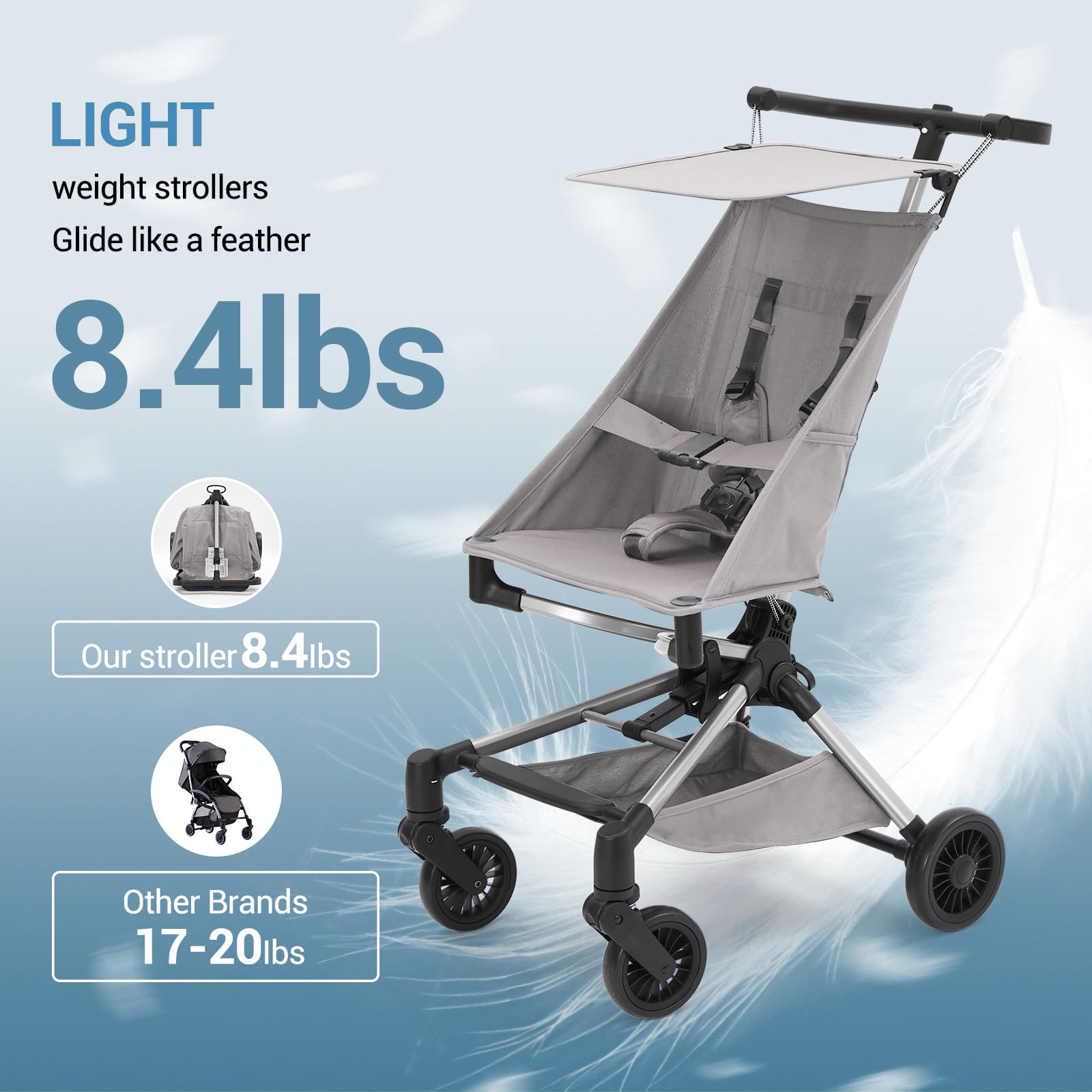 Garvee Poussette Canne Ultra Légère - Poussette Bébé Compacte <10 LBS Pour Avion Avec Sac De Transport, Pliable à Une Main, Canopée Réglable, Roues 360°, Harnais 3 Points, Poussette Voyage 6-36 Mois