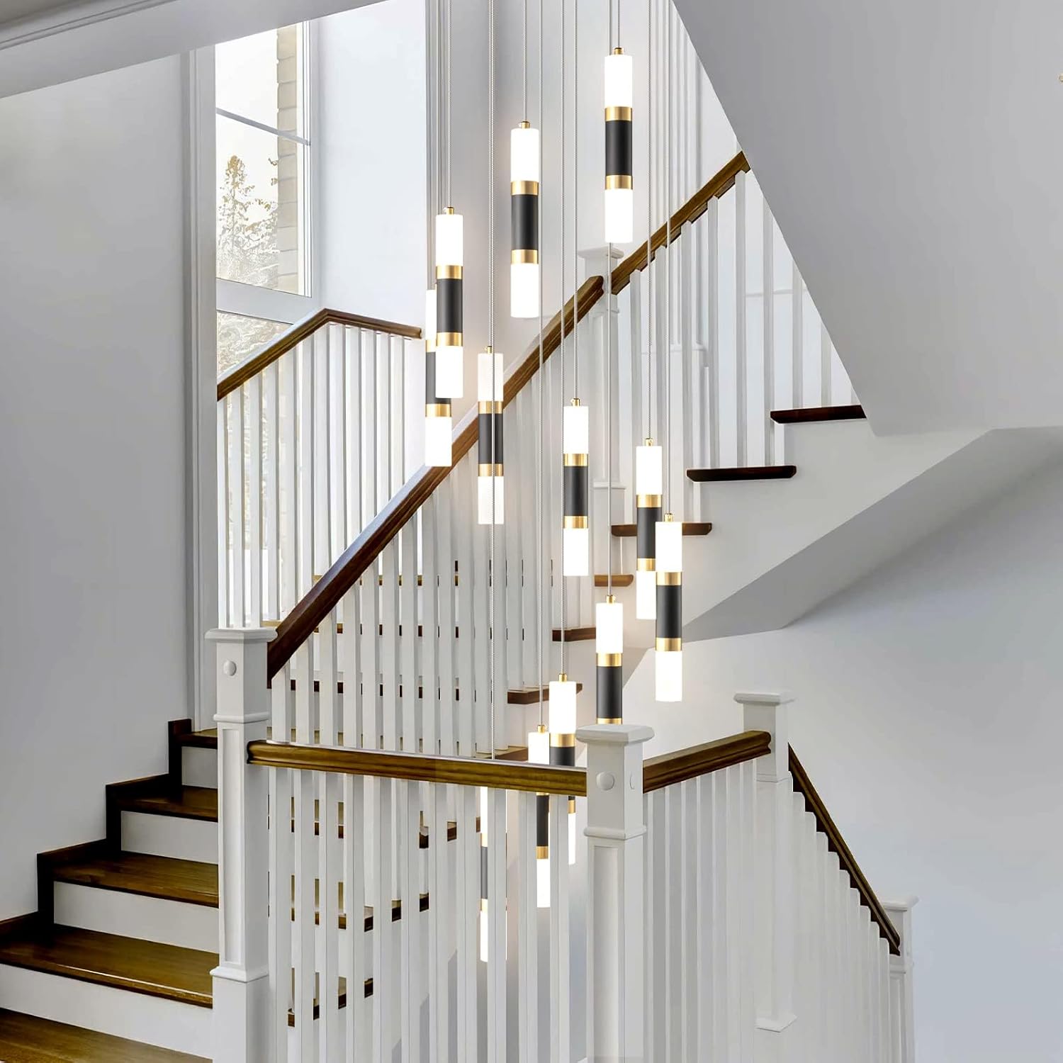 12-Light Chandelier LED 72W Dimmable Chandeliers for Entryway Pendant Light Fixture Chandeliers for Staircase Lobby Black Gold Lighting Modern High Ceiling Chandelier