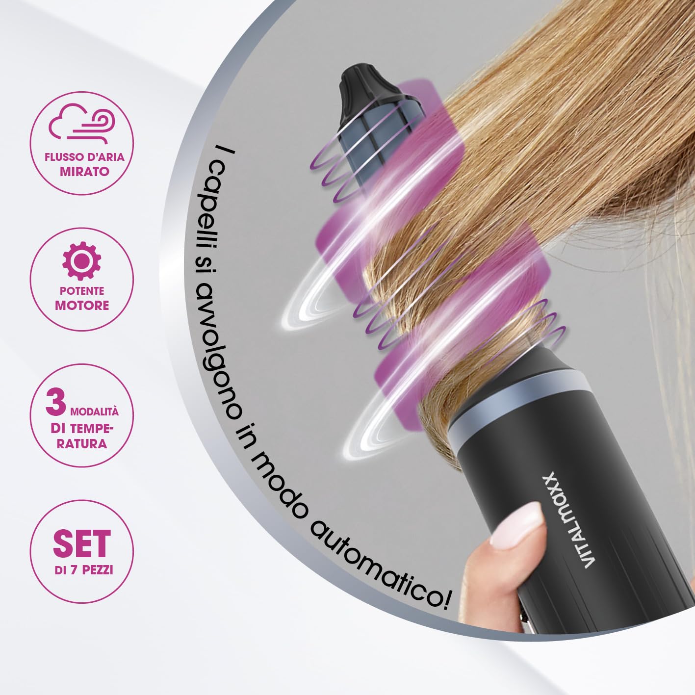 VITALmaxx Air Curler Plus 6-in-1 | Tecnologia airflow | Multi-styler con arricciacapelli, asciugacapelli, spazzola e diffusore - asciugatura, styling, creazione di ricci | 1500W [nero].