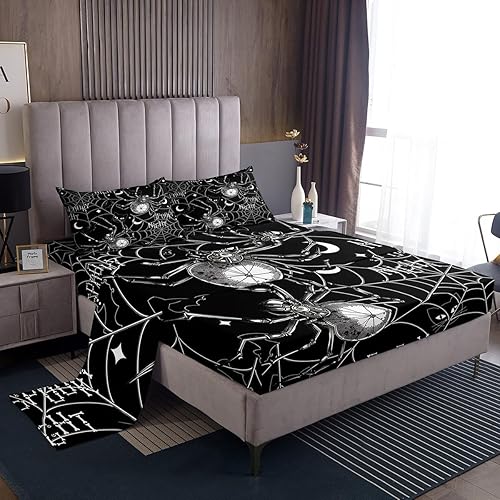 Miniatura 8 de Manfei Juego de sábanas de Halloween tamaño matrimonial, juego de sábanas de araña psicodélica, 4 piezas con sábana bajera de bolsillo profundo +