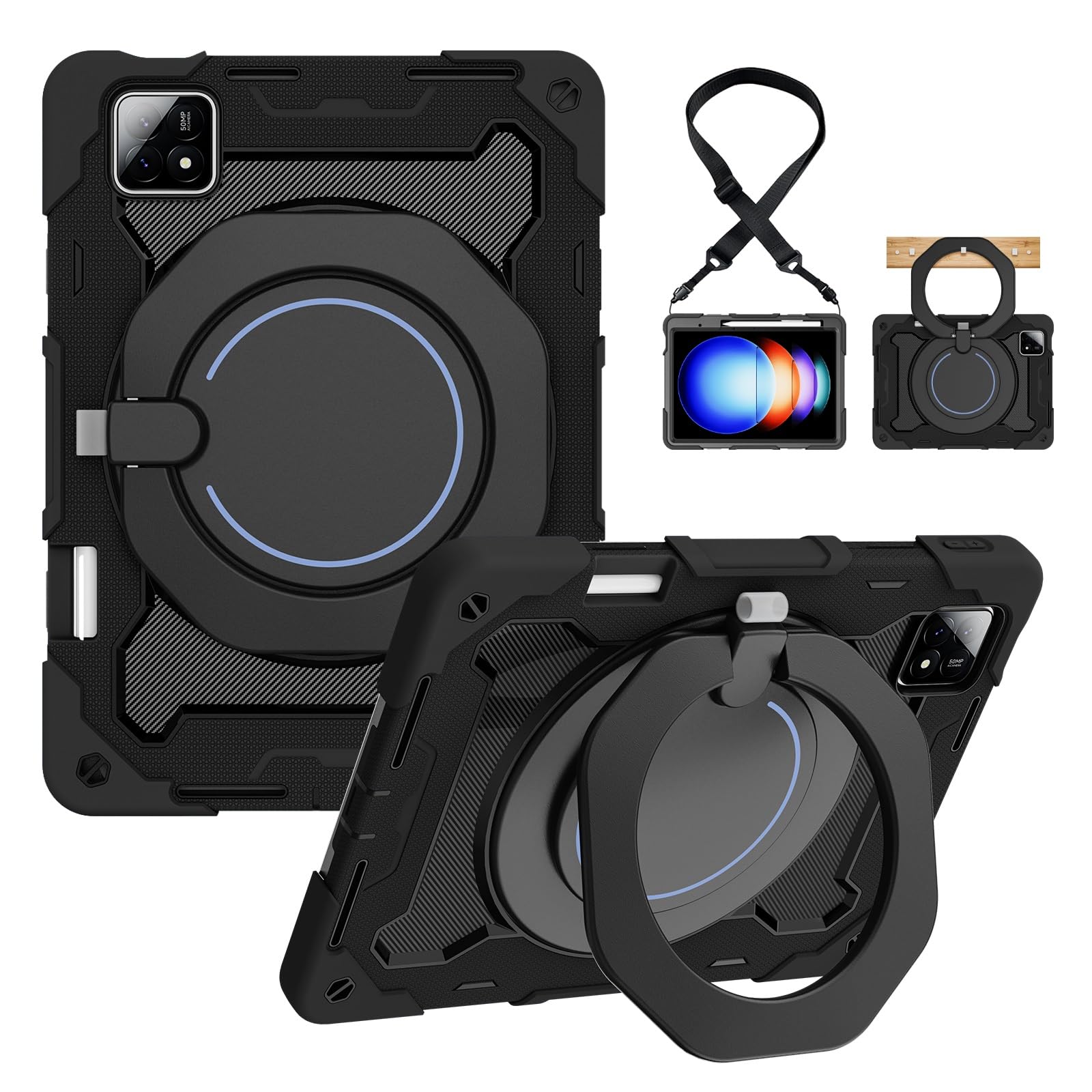 Funda protectora completa resistente para Xiaomi Pad 6S Pro de 12.4 pulgadas (versión 2024), soporte giratorio de 360°, correa para el hombro, soporte para lápices y anillo de asa, funda a prueba de