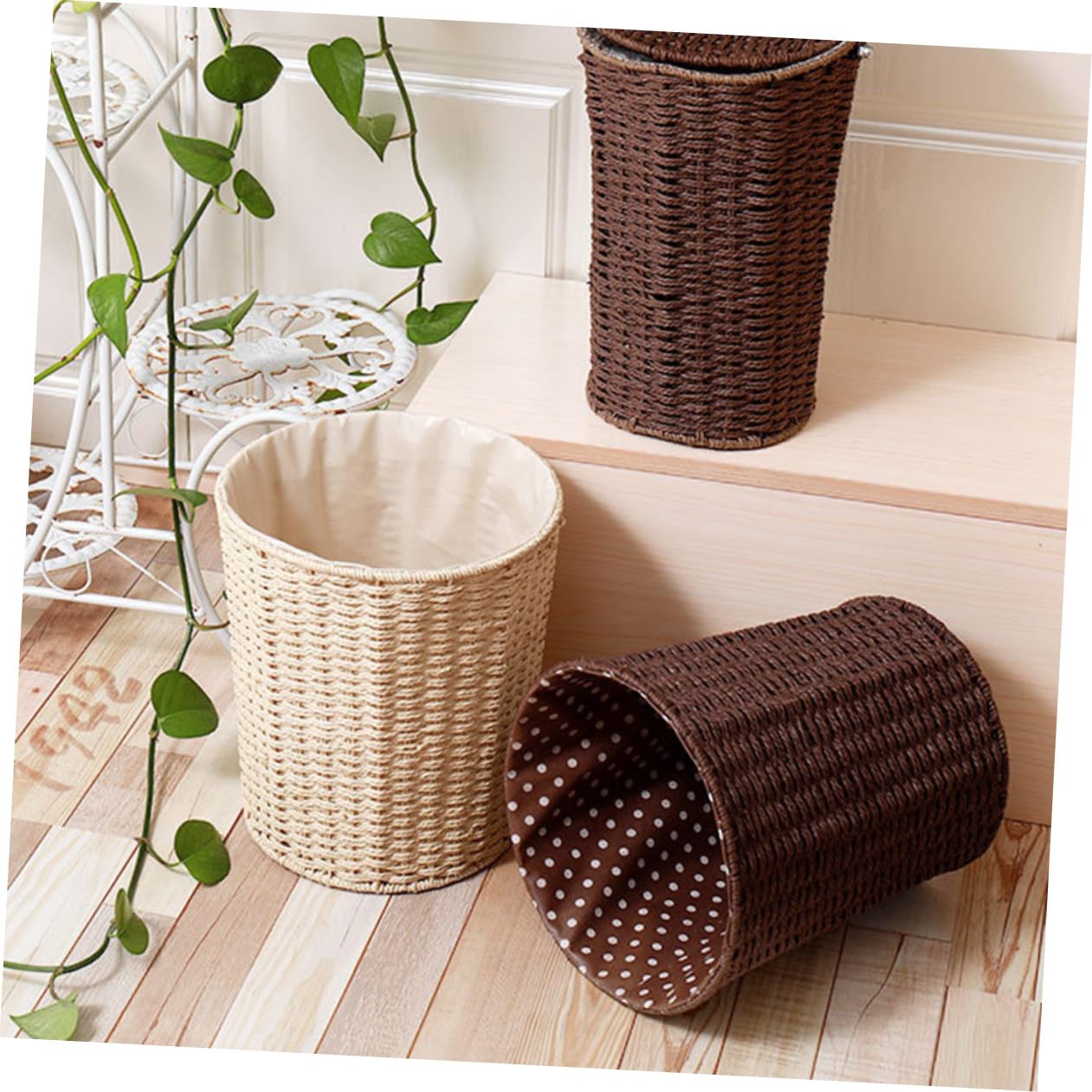 Rattan Wastebasket with Liner, Beige Woven Trash Bin for Kitchen and Living Room, Multifunctional Storage Basket for Home Organization
