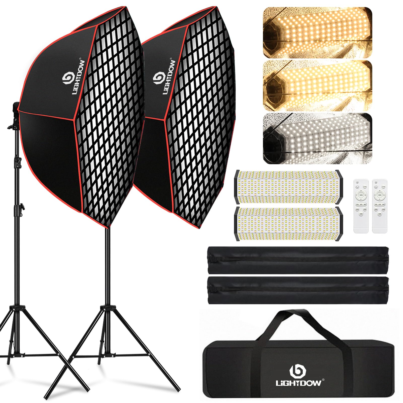 Light Box Photography Lighting Kit:2-Pack 37" Octa Softbox,Honeycomb Grid,110W LED Lamps,RC,Tripod Stands for Studio Light,Video Recording,Portraits,