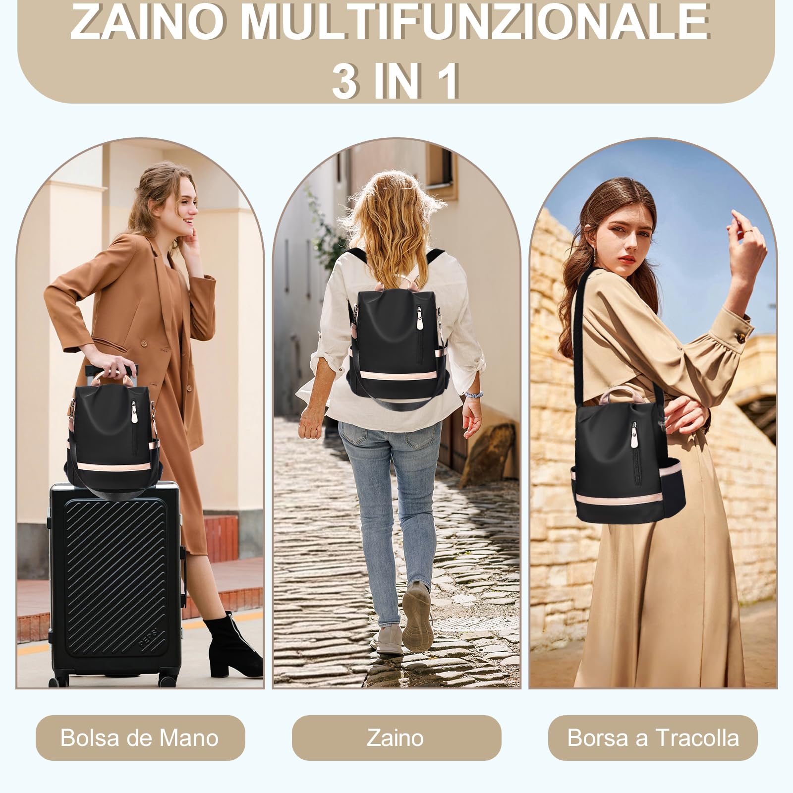 Eshow Zaino Donna Antifurto, Zainetto Casual 3 in 1, Borsa Zaini per Viaggio Scuola Lavoro Shopping e Università