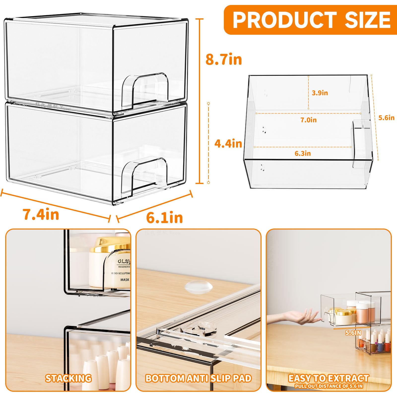 2 Piezas Cajones de Almacenamiento Apilables de Acrílico con 16 almohadillas antideslizantes Transparente Organizador de maquillaje con cajones,para baño,tocador,dormitorio y cocina