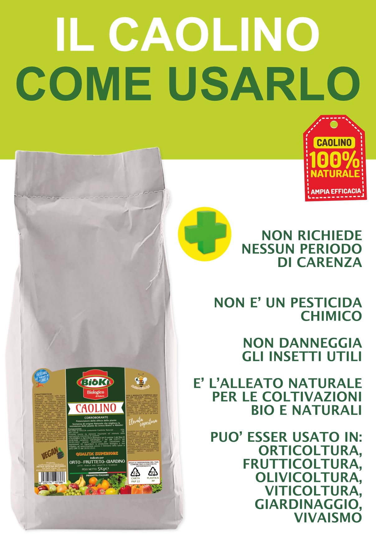 CAOLINO PER AGRICOLTURA -CORROBORANTE E POTENZIATORE DELLE DIFESE NATURALI DELLE PIANTE - "CAOLINO POLVERE DI ROCCIA" SACCO DA 5 KG