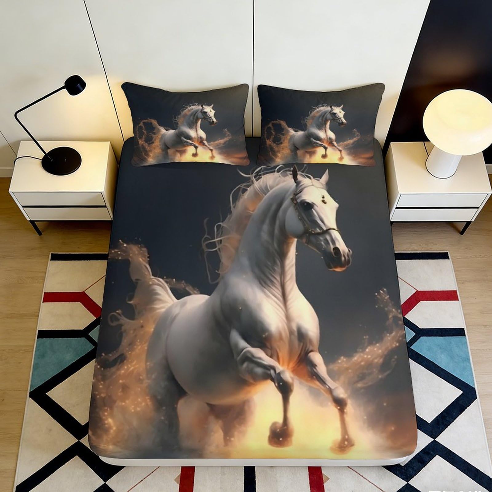 3D Printed White Horse Fitted Sheet Microfiber Soft Breathable Fire Cloud Bed Cover for Bedroom Dorm Decor 90x200x25cm