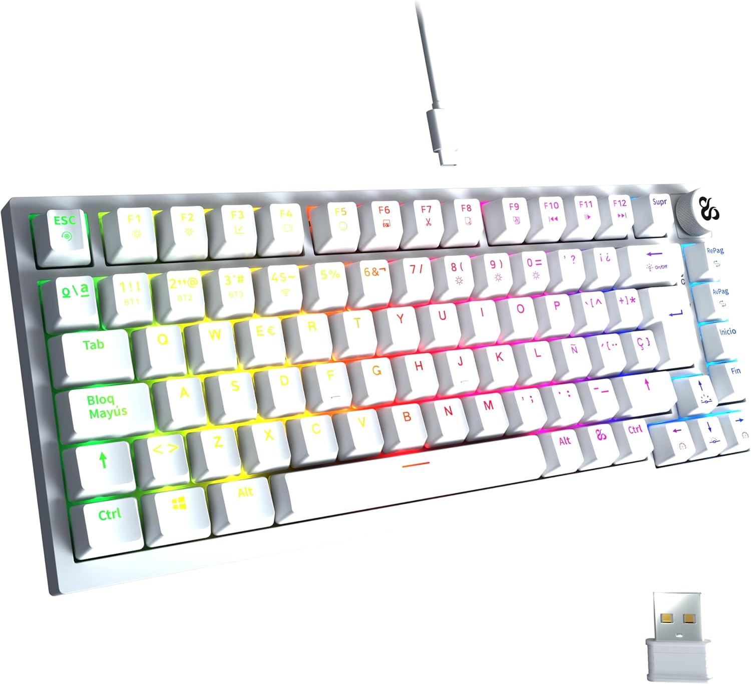 Pyros Pro teclado gaming 75% RGB inal+ímbrico/bluetooth/cable Outemu Red Hotswap - Color Blanco - Tastiera gaming